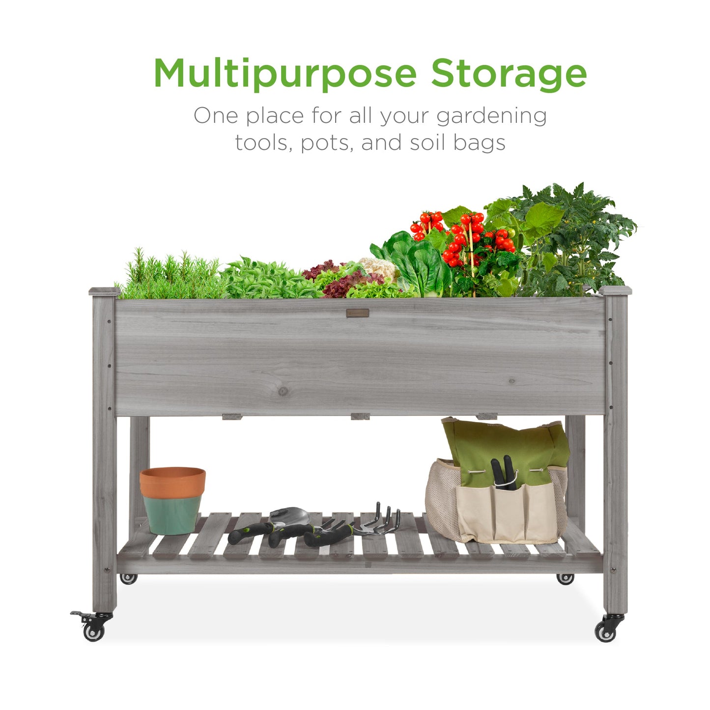 Mobile Raised Garden Bed Elevated Planter w/ Wheels, Shelf - 48x24x32in