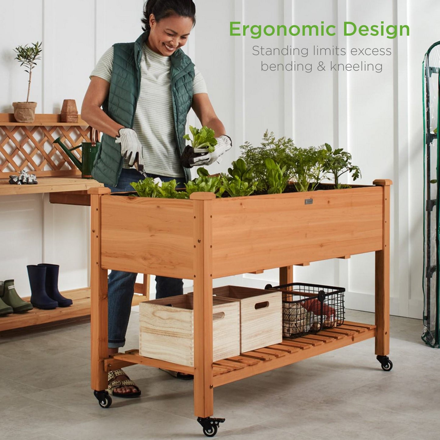 Mobile Raised Garden Bed Elevated Planter w/ Wheels, Shelf - 48x24x32in