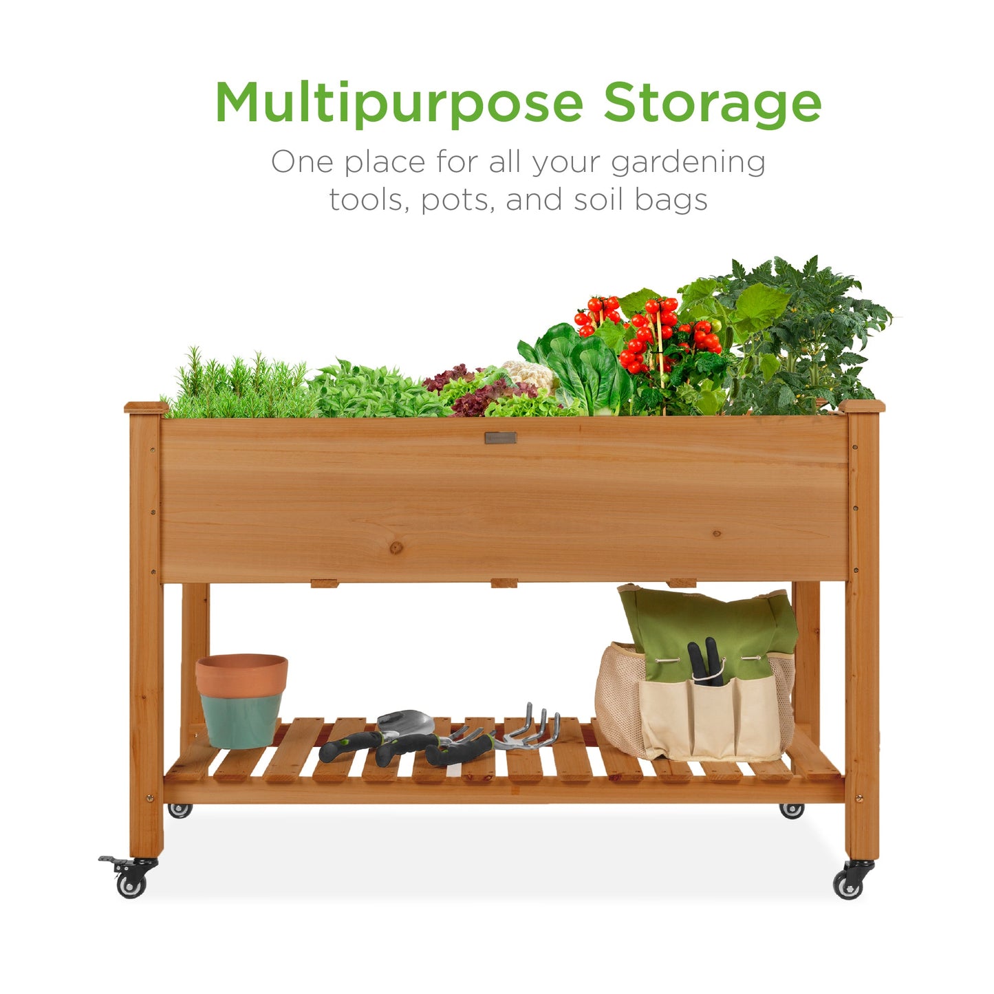 Mobile Raised Garden Bed Elevated Planter w/ Wheels, Shelf - 48x24x32in