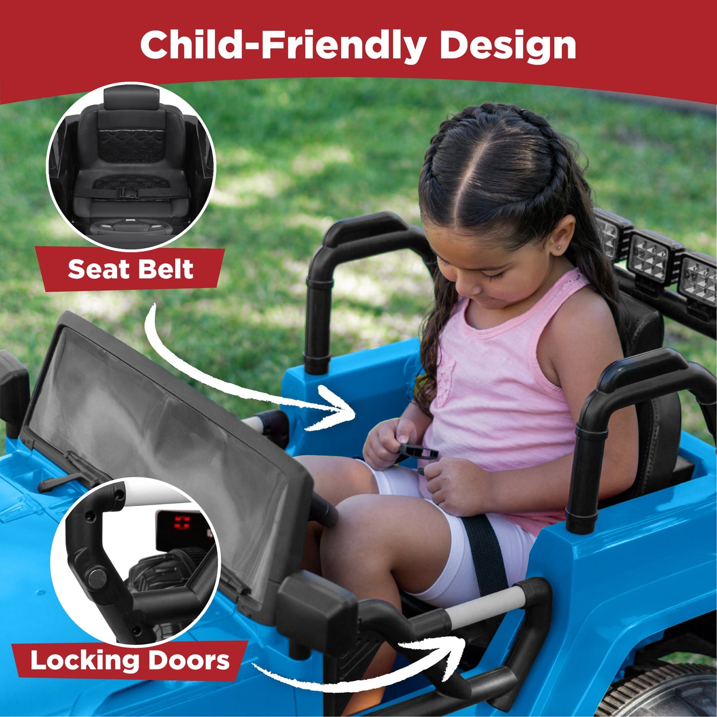 Jumbo 12V Kids Electric Ride On Car with Parent Remote, Seat Harness
