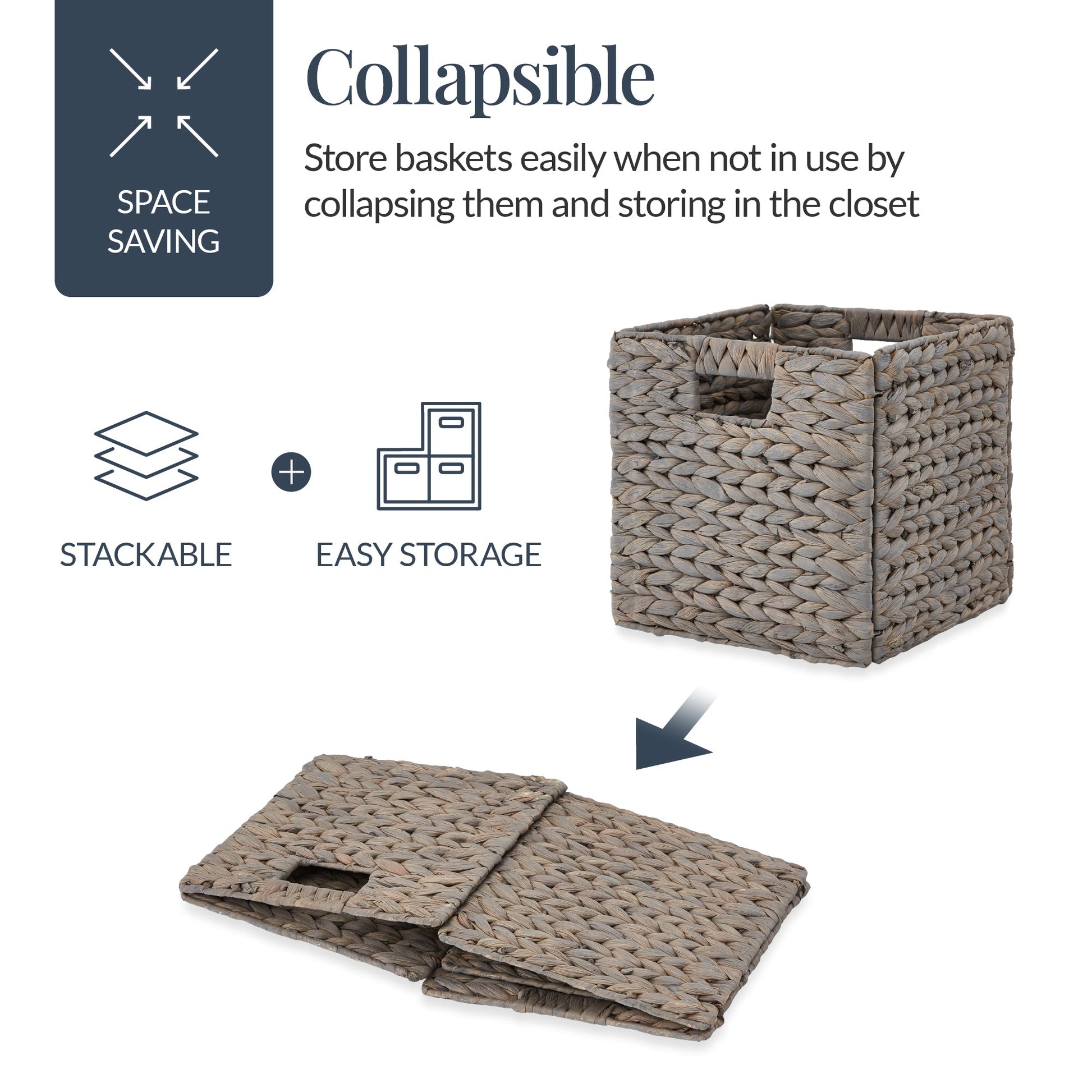 Set of 5 Collapsible Hyacinth Storage Baskets w/ Inserts - 12x12in