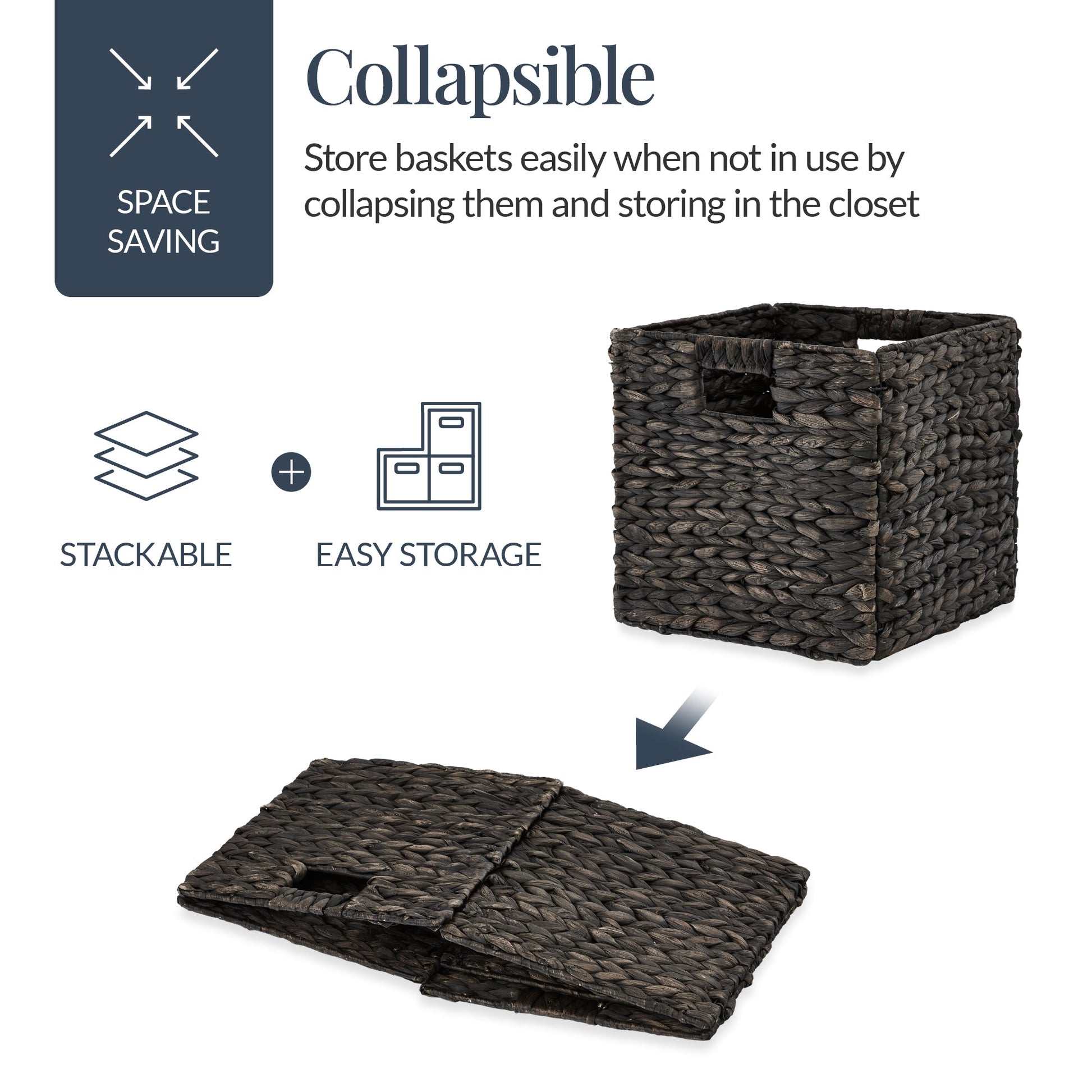 Set of 5 Collapsible Hyacinth Storage Baskets w/ Inserts - 12x12in
