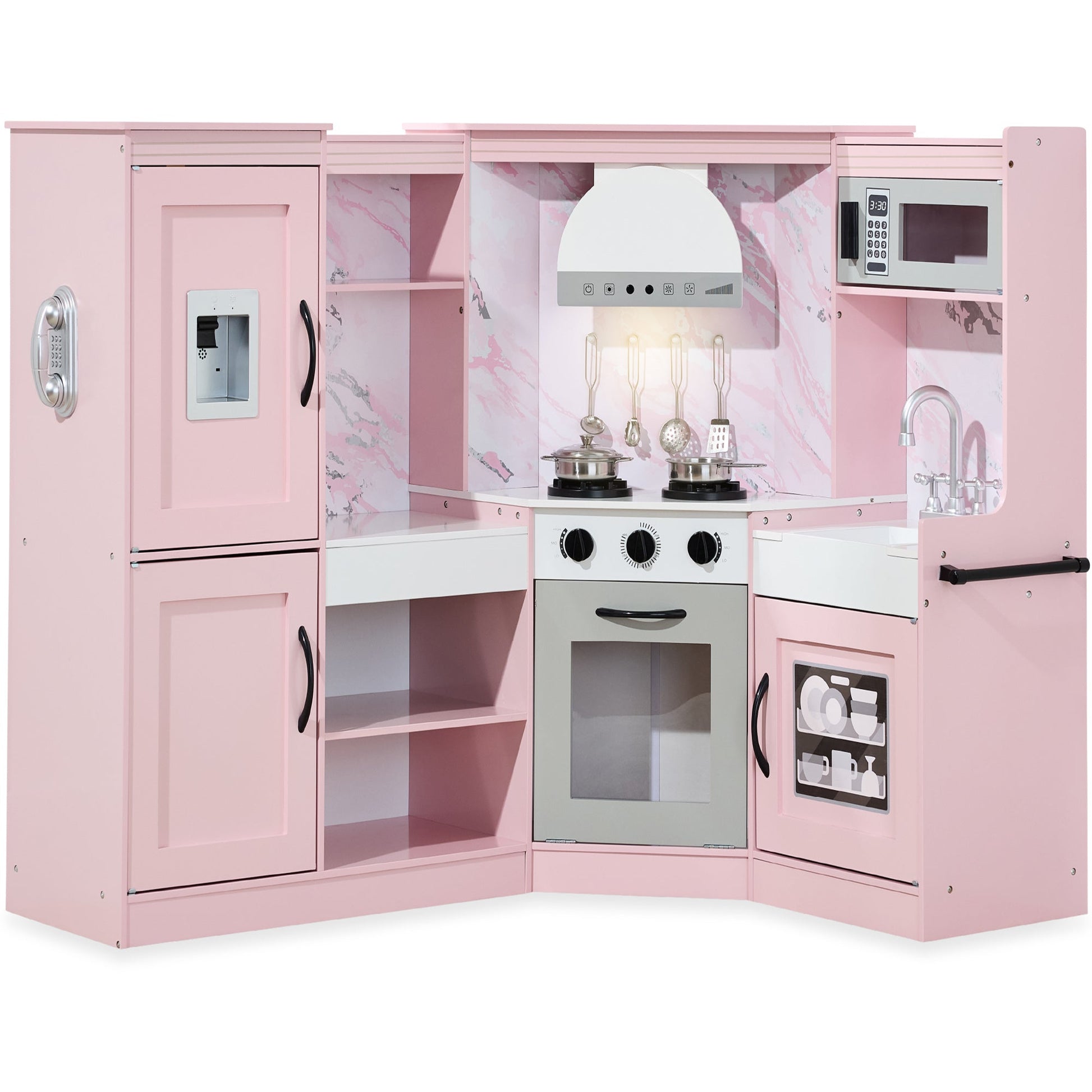 Pretend Play Corner Kitchen Wooden Toy Set for Kids w/ Lights, Sounds