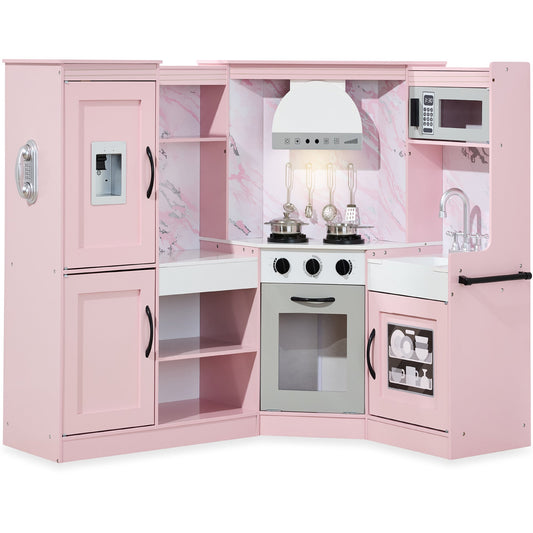Pretend Play Corner Kitchen Wooden Toy Set for Kids w/ Lights, Sounds
