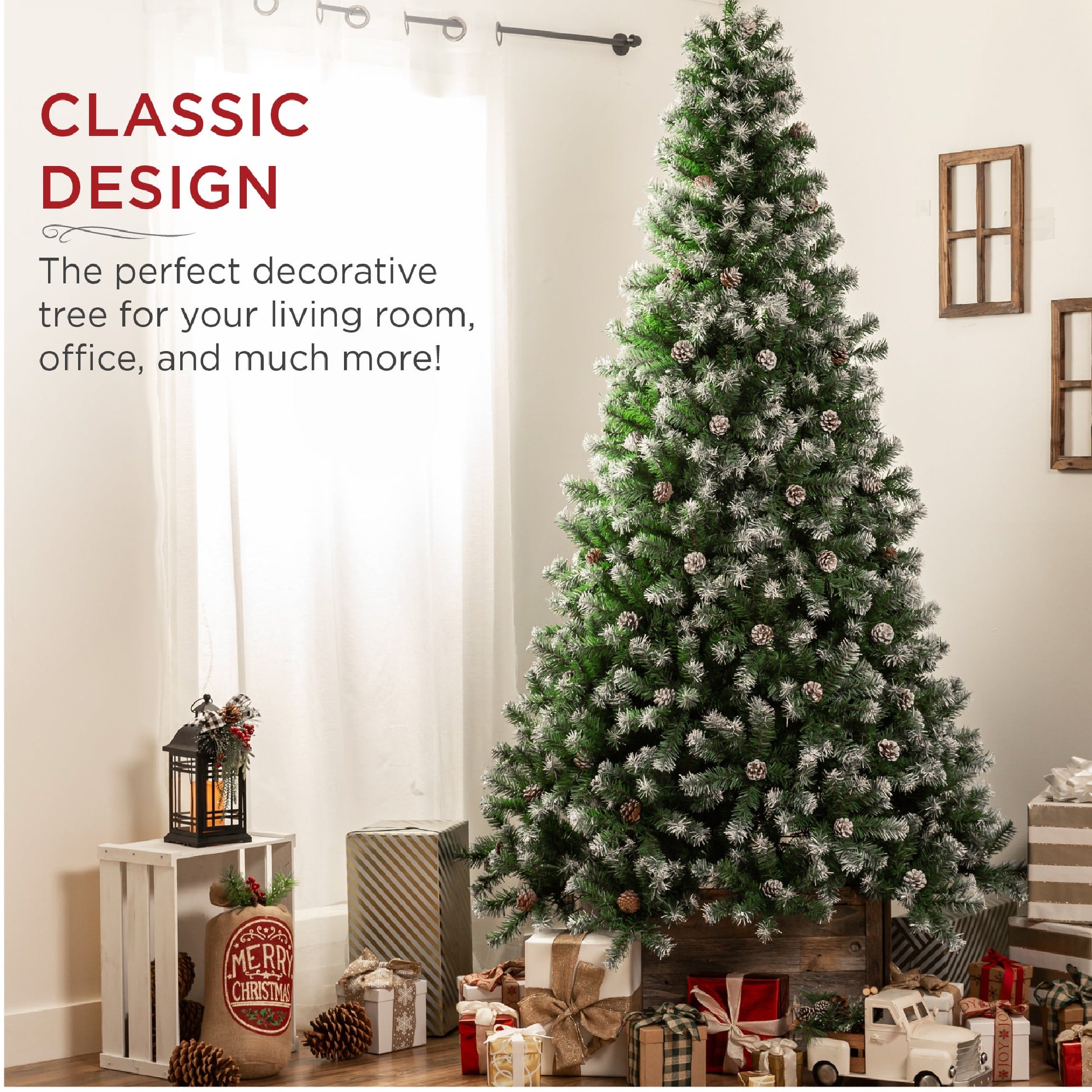 Pre-Decorated Christmas Tree w/ Pinecones, Flocked Branch Tips