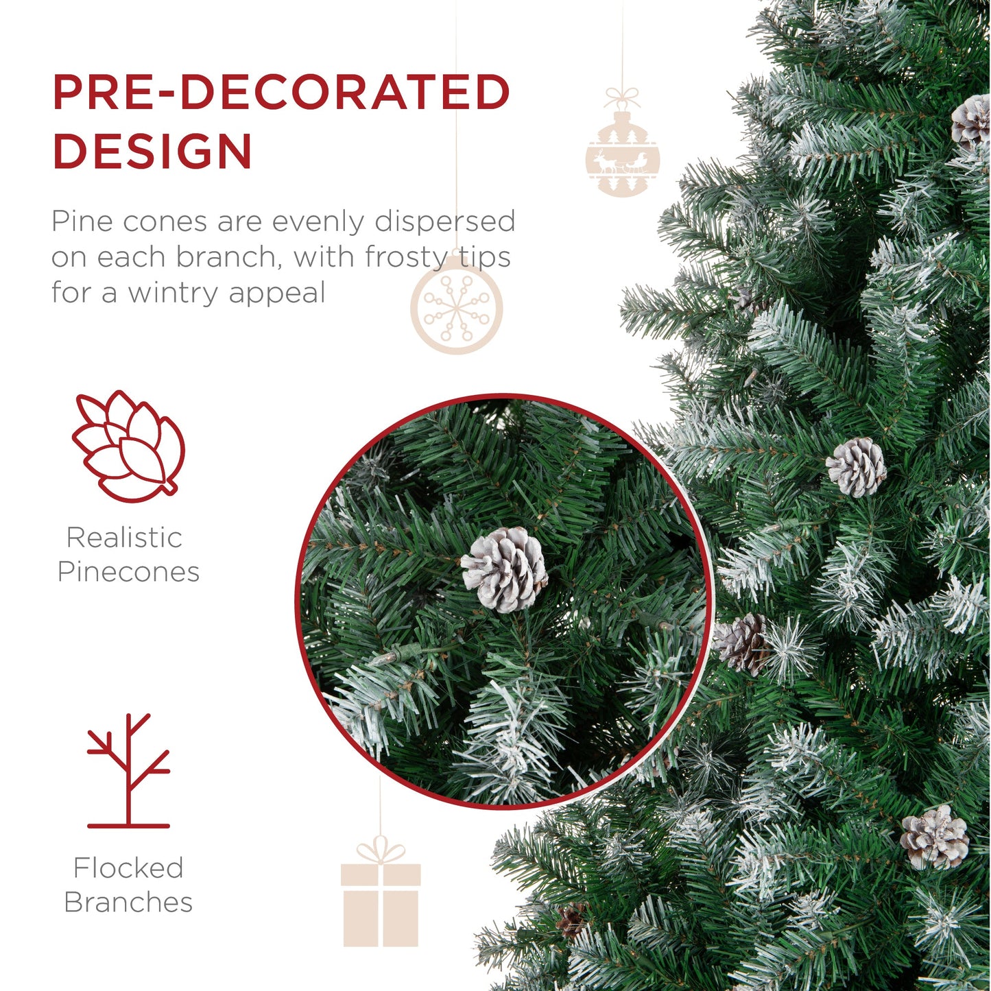 Pre-Decorated Christmas Tree w/ Pinecones, Flocked Branch Tips