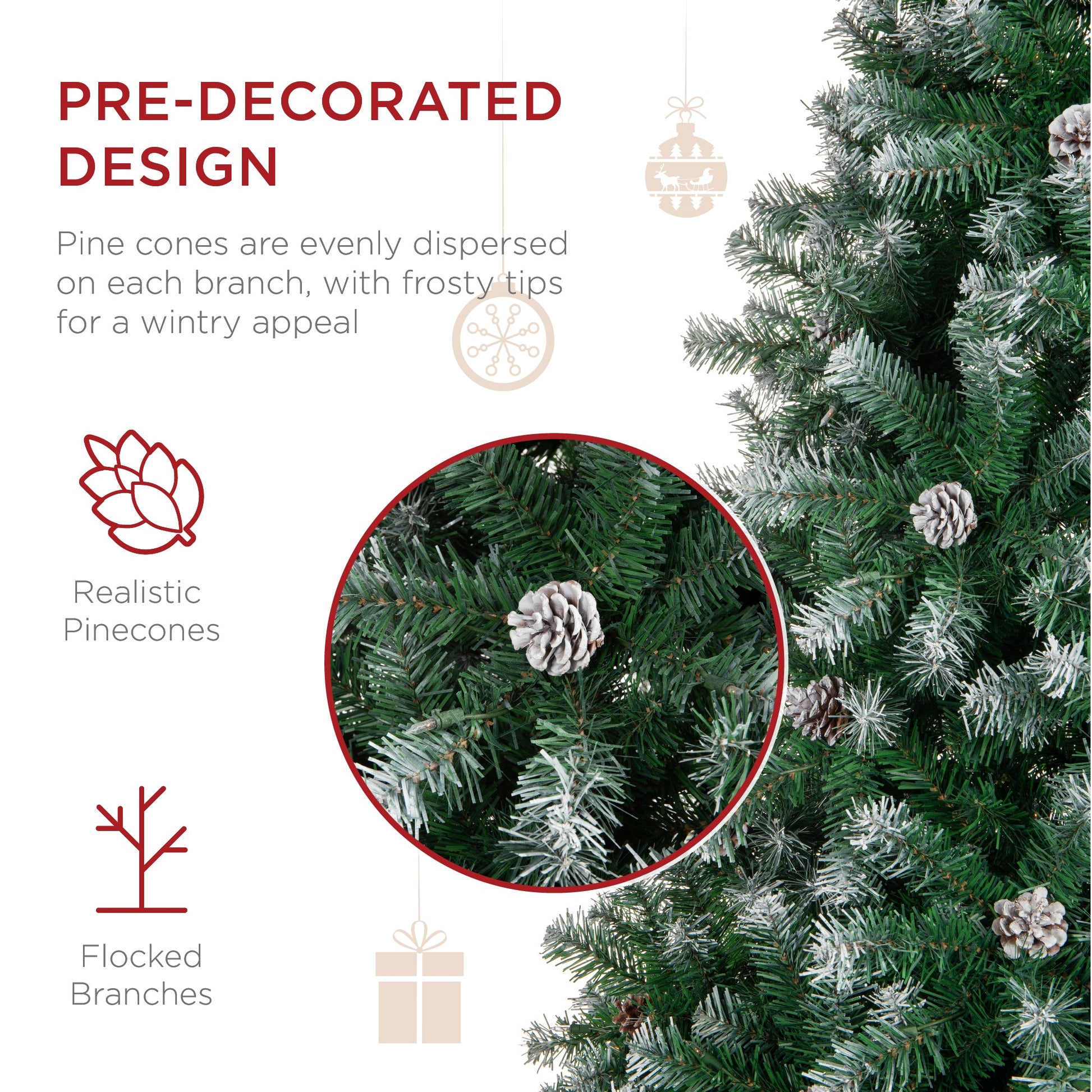 Pre-Decorated Christmas Tree w/ Pinecones, Flocked Branch Tips