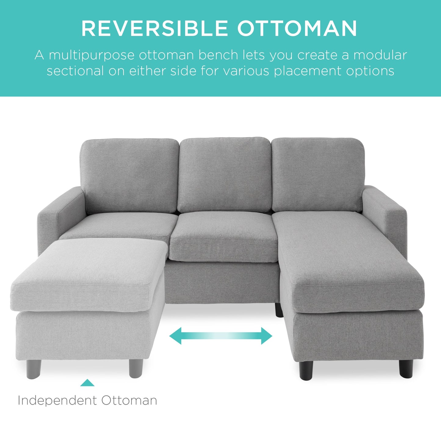Upholstered Sectional Sofa Couch w/ Chaise Lounge, Reversible Ottoman Bench