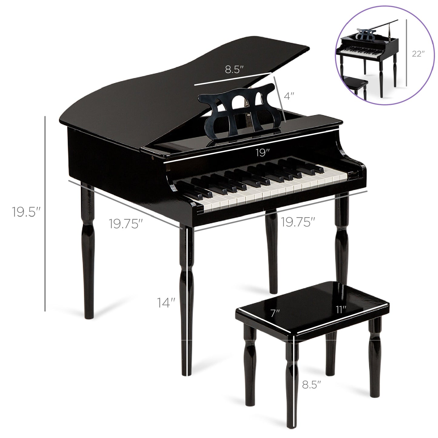 Kids Mini Wooden Grand Piano w/ Lid, Bench, Music Rack, Song Book, Stickers