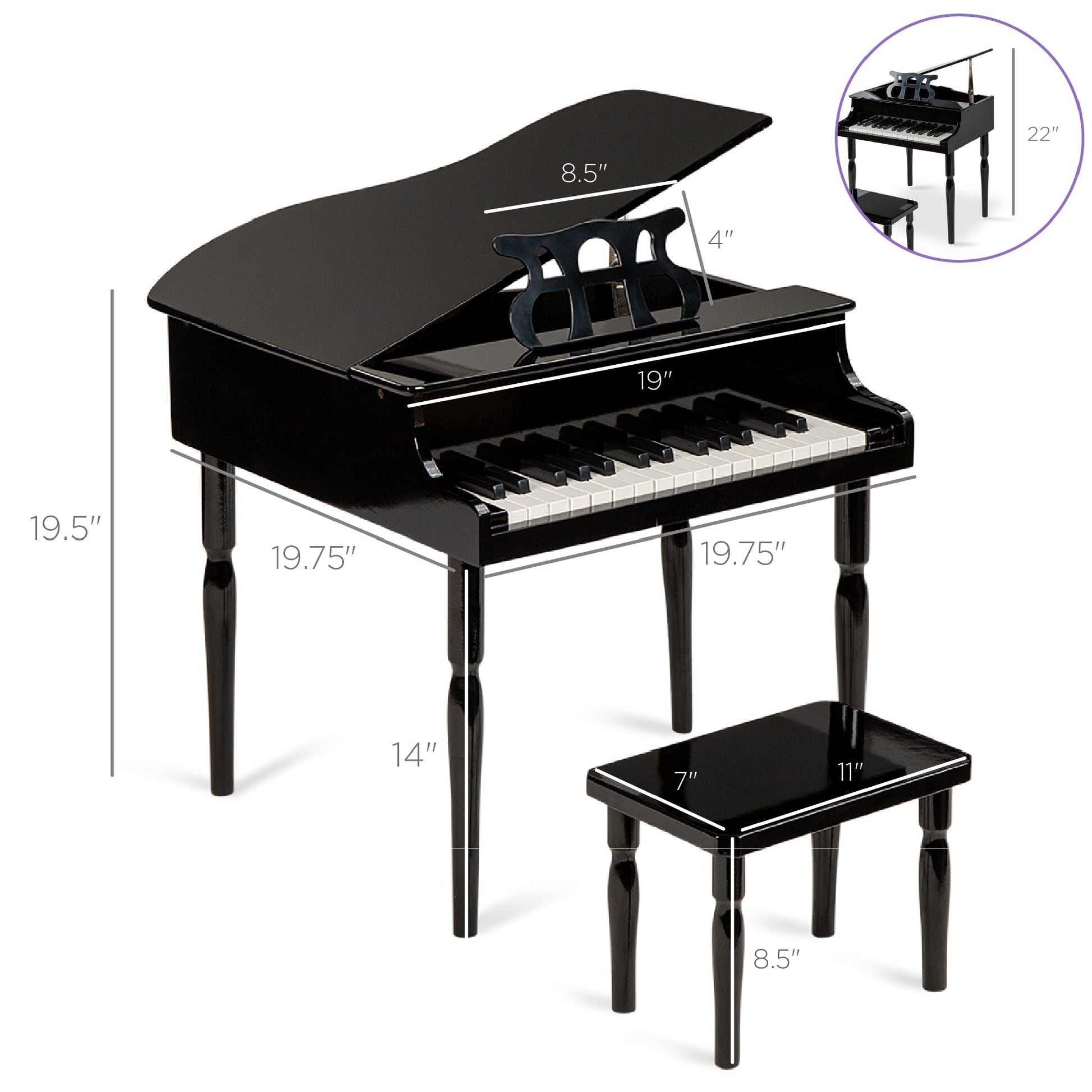 Kids Mini Wooden Grand Piano w/ Lid, Bench, Music Rack, Song Book, Stickers