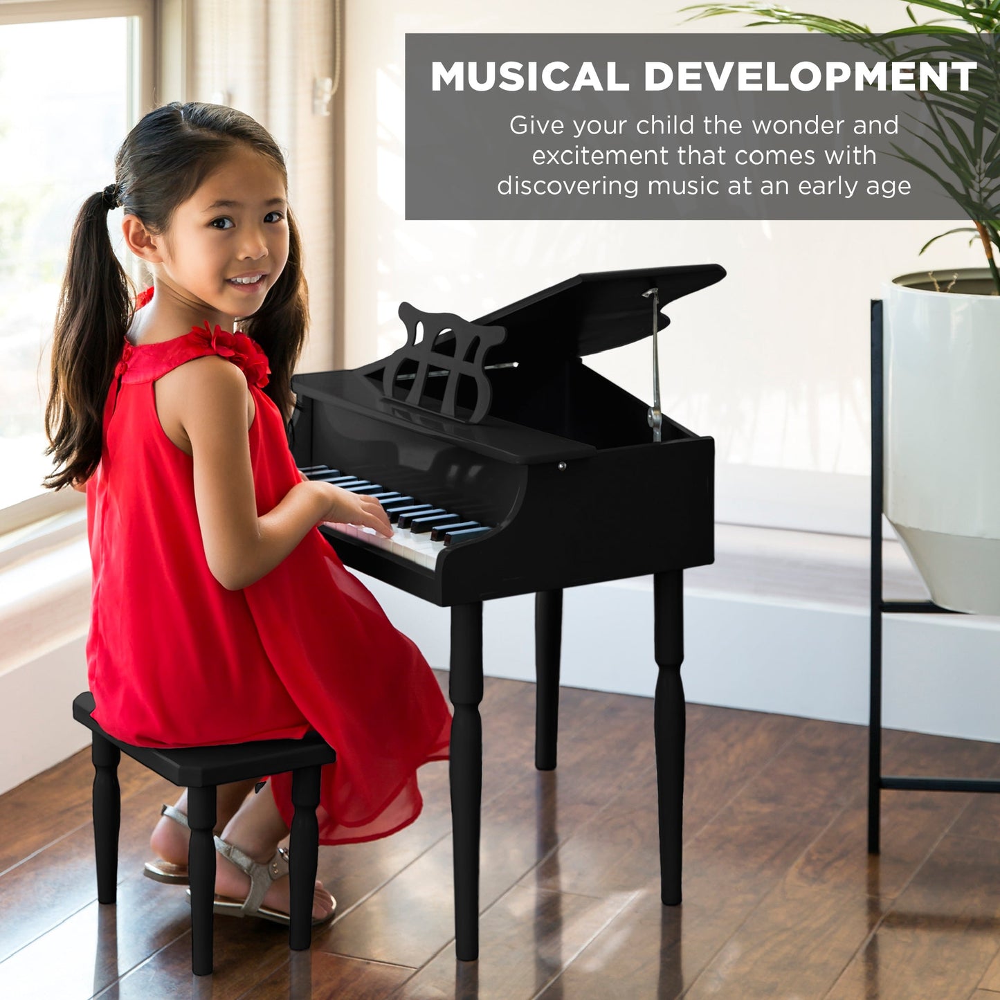 Kids Mini Wooden Grand Piano w/ Lid, Bench, Music Rack, Song Book, Stickers