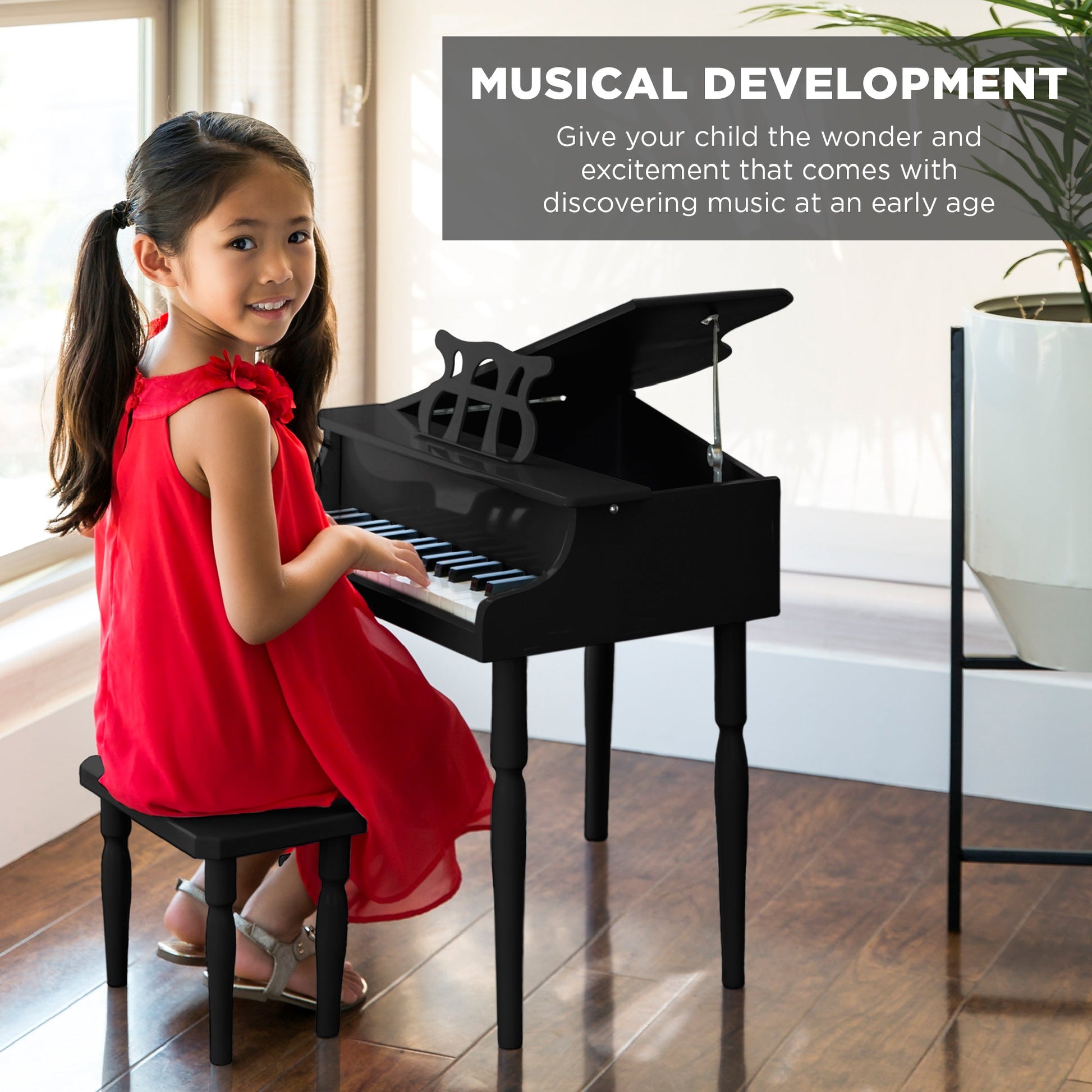 Kids Mini Wooden Grand Piano w/ Lid, Bench, Music Rack, Song Book, Stickers