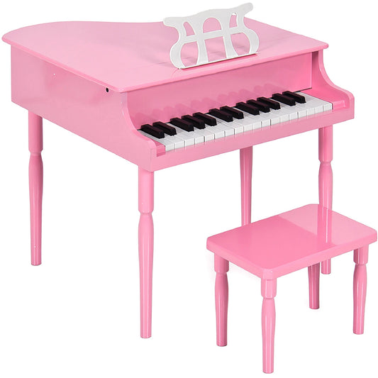 Kids Mini Wooden Grand Piano w/ Lid, Bench, Music Rack, Song Book, Stickers