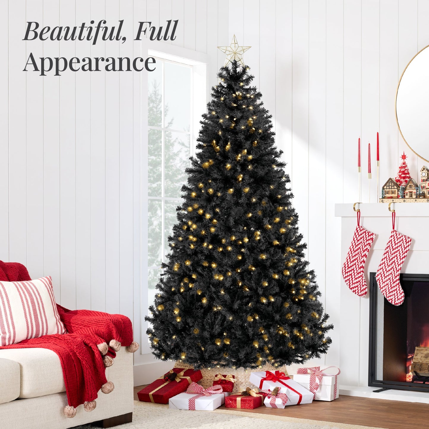 Pre-Lit Artificial Black Christmas Tree w/ Incandescent Lights, Metal Stand