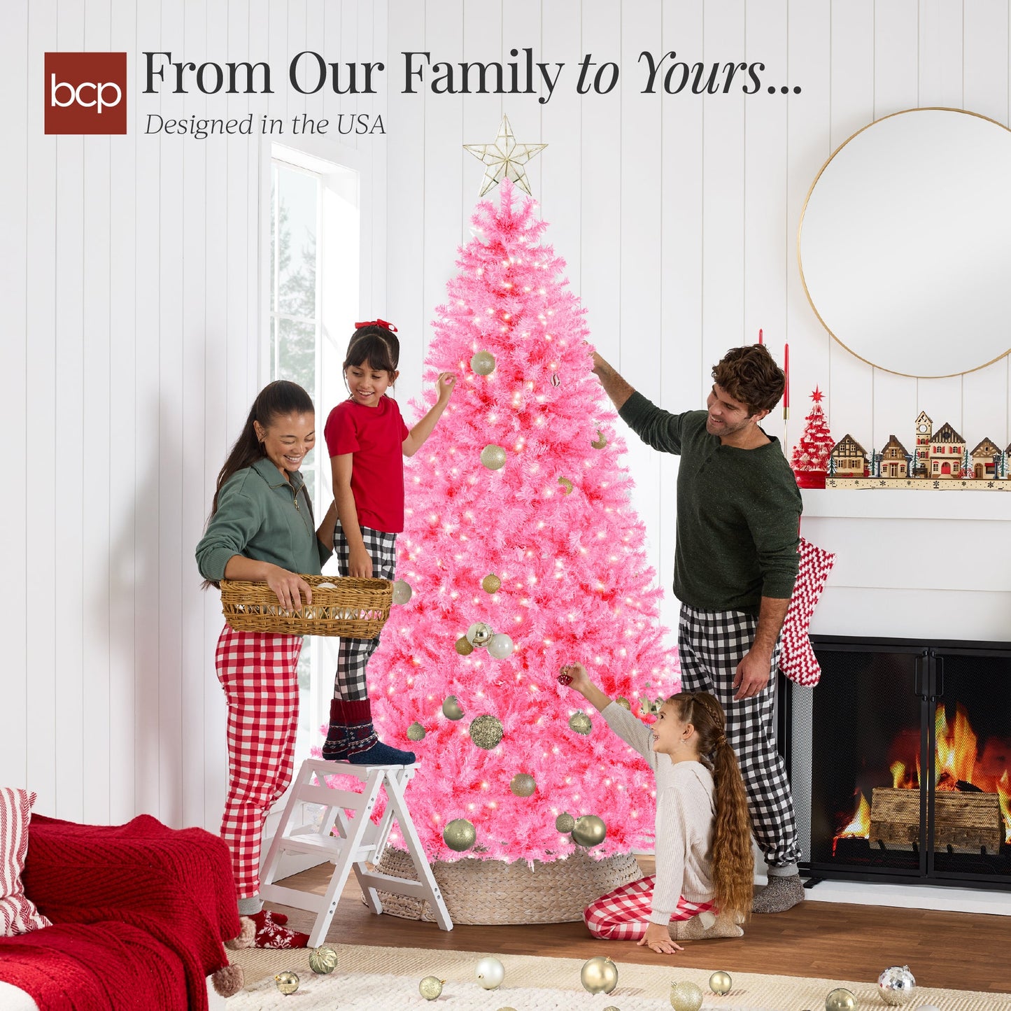Pre-Lit Artificial Pink Christmas Tree w/ Incandescent Lights, Metal Stand