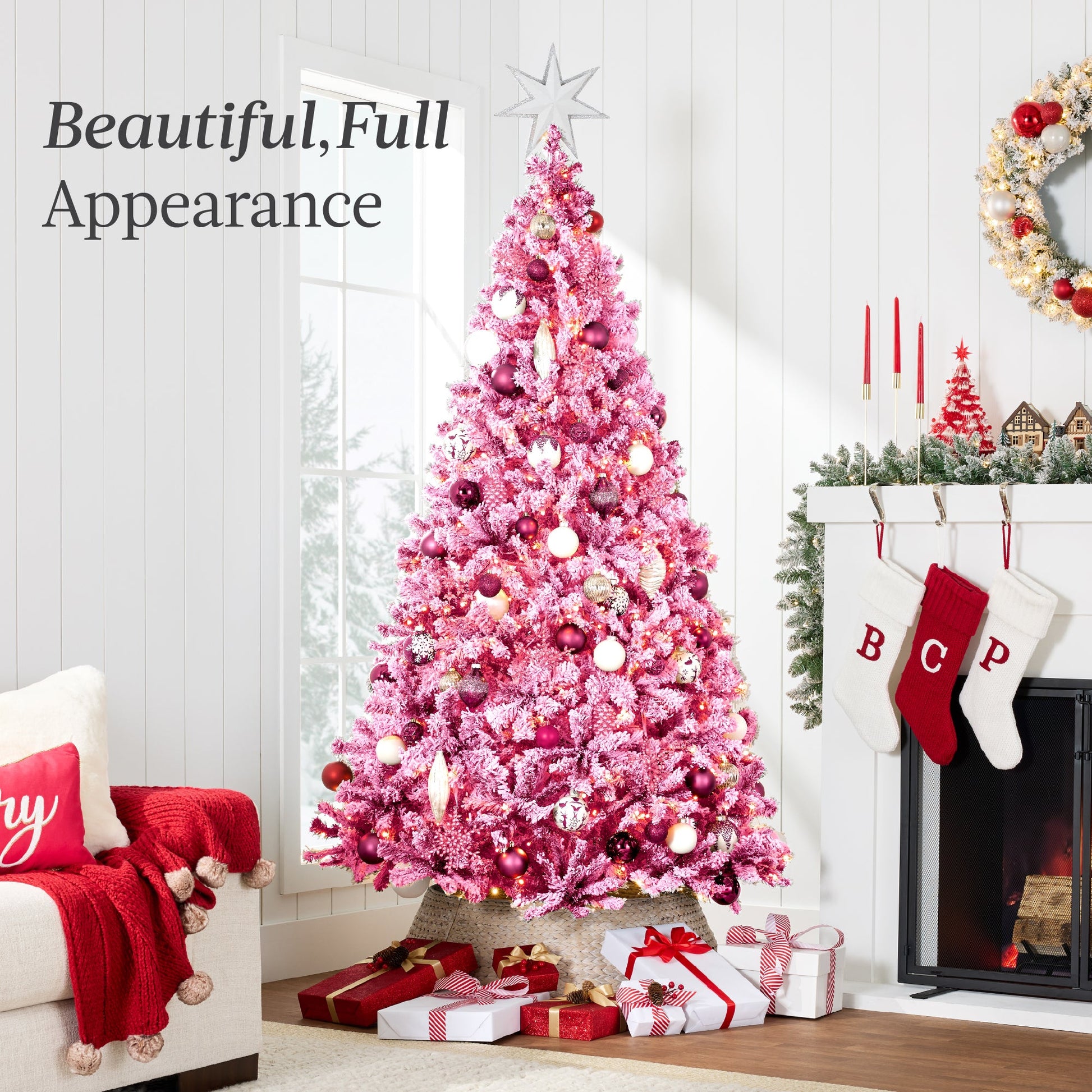 Prelit Pink Christmas Tree, Snow Flocked Full Holiday Decor w/ Metal Base