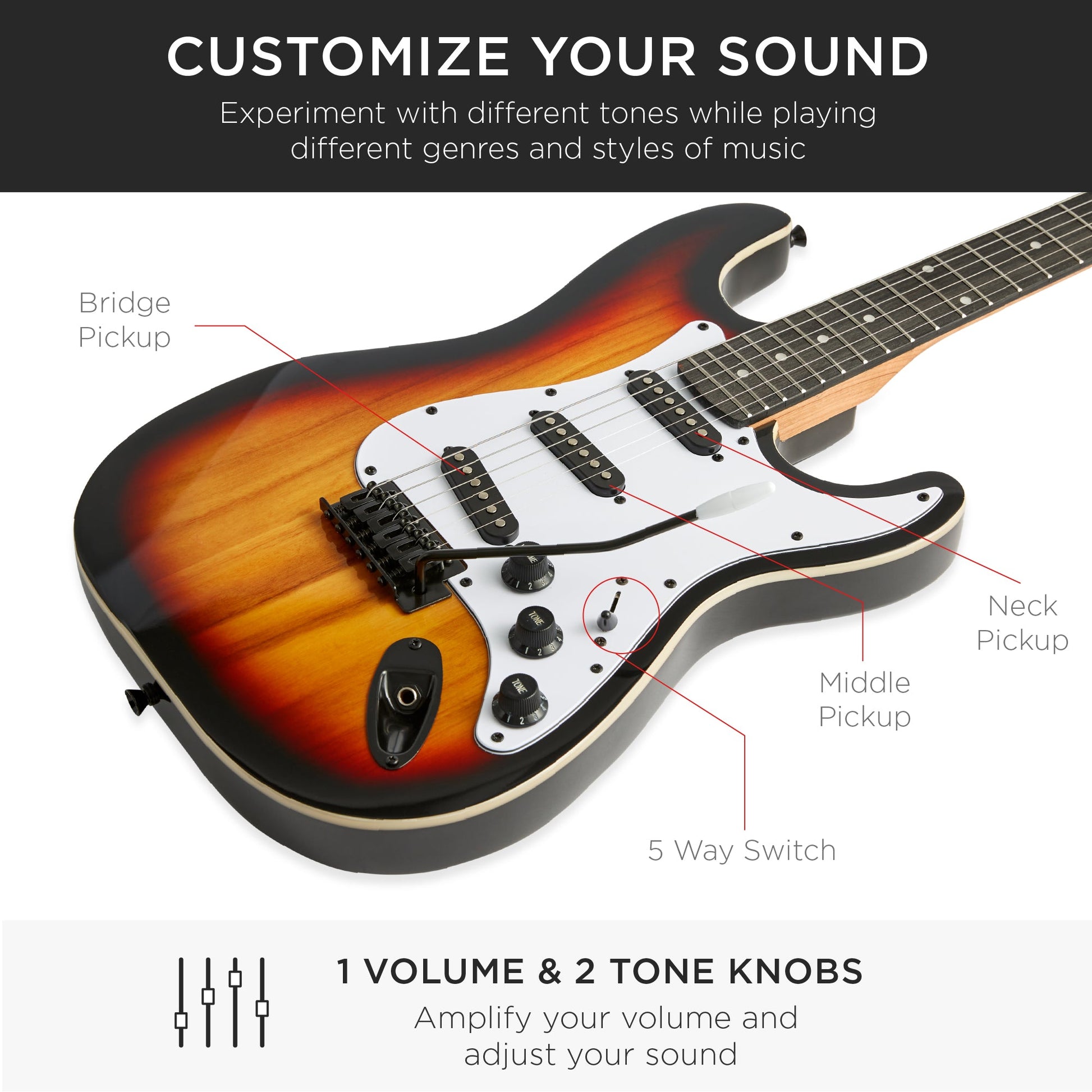 Beginner Electric Guitar Kit w/ Case, 10W Amp, Tremolo Bar - 39in