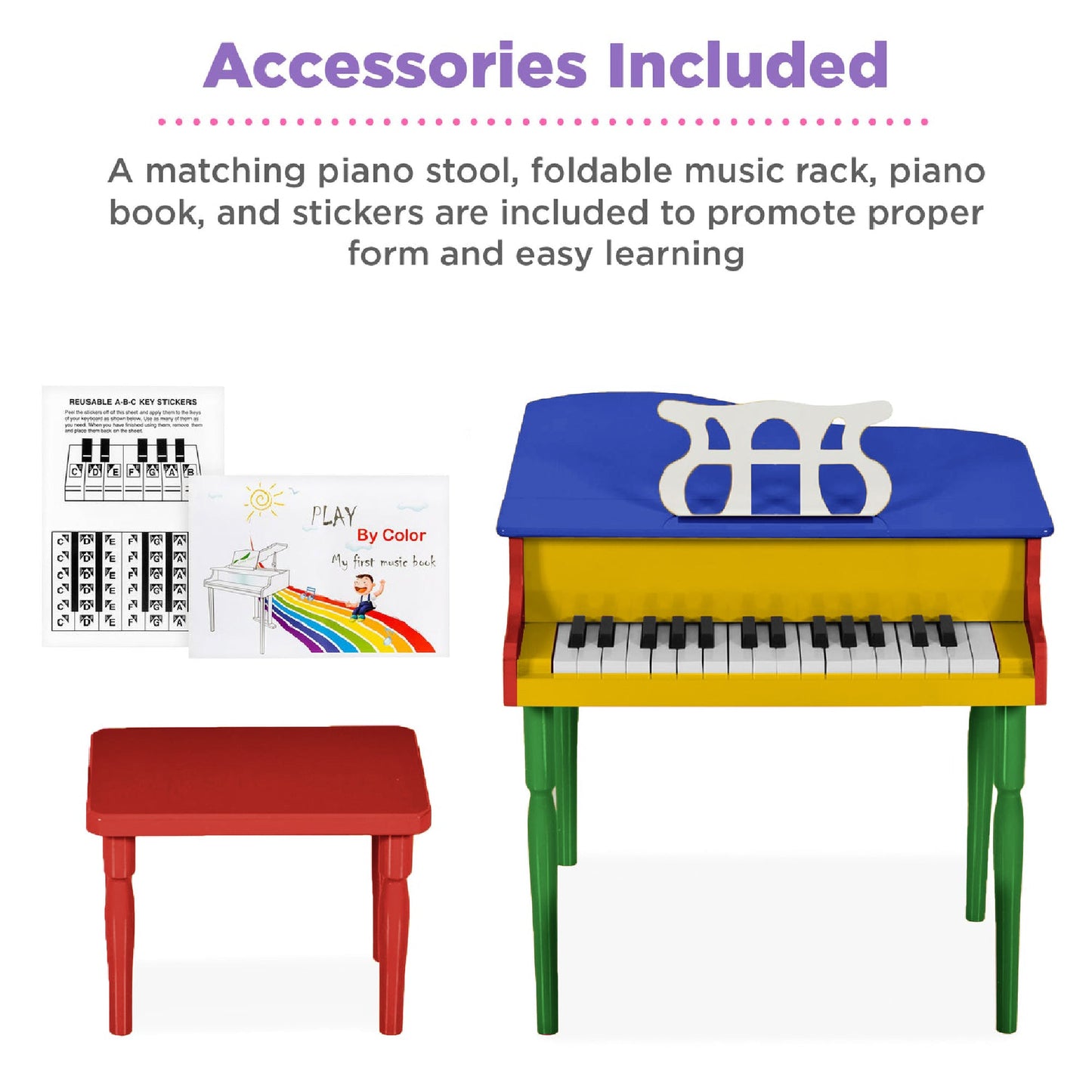 Kids Mini Wooden Grand Piano w/ Lid, Bench, Music Rack, Song Book, Stickers
