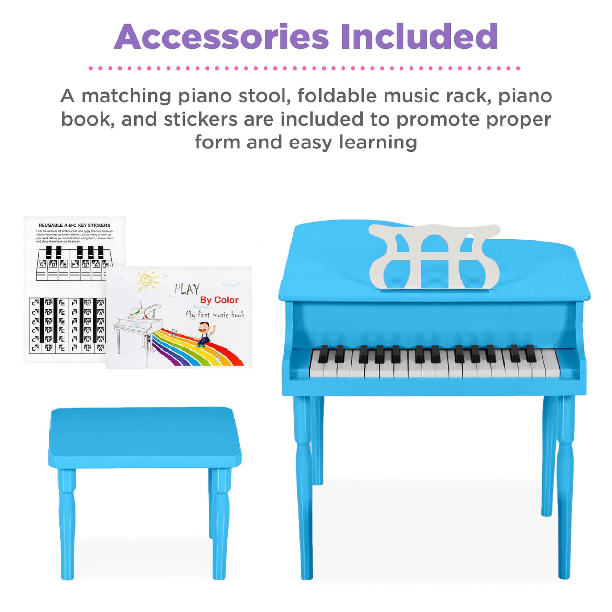 Kids Mini Wooden Grand Piano w/ Lid, Bench, Music Rack, Song Book, Stickers