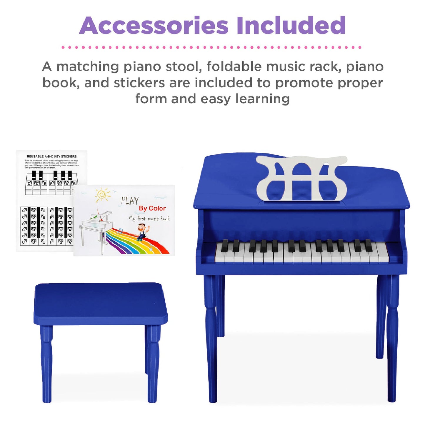 Kids Mini Wooden Grand Piano w/ Lid, Bench, Music Rack, Song Book, Stickers