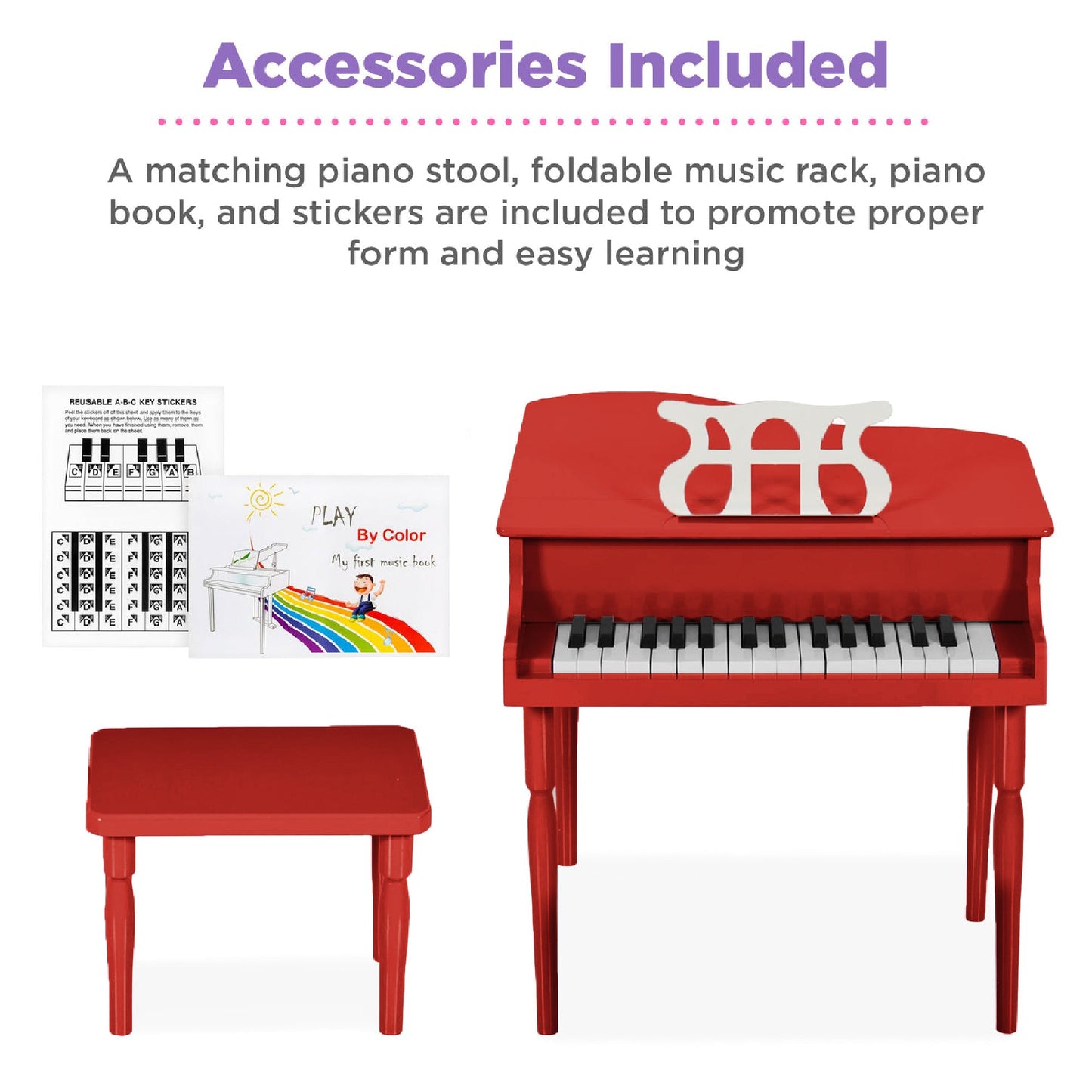 Kids Mini Wooden Grand Piano w/ Lid, Bench, Music Rack, Song Book, Stickers