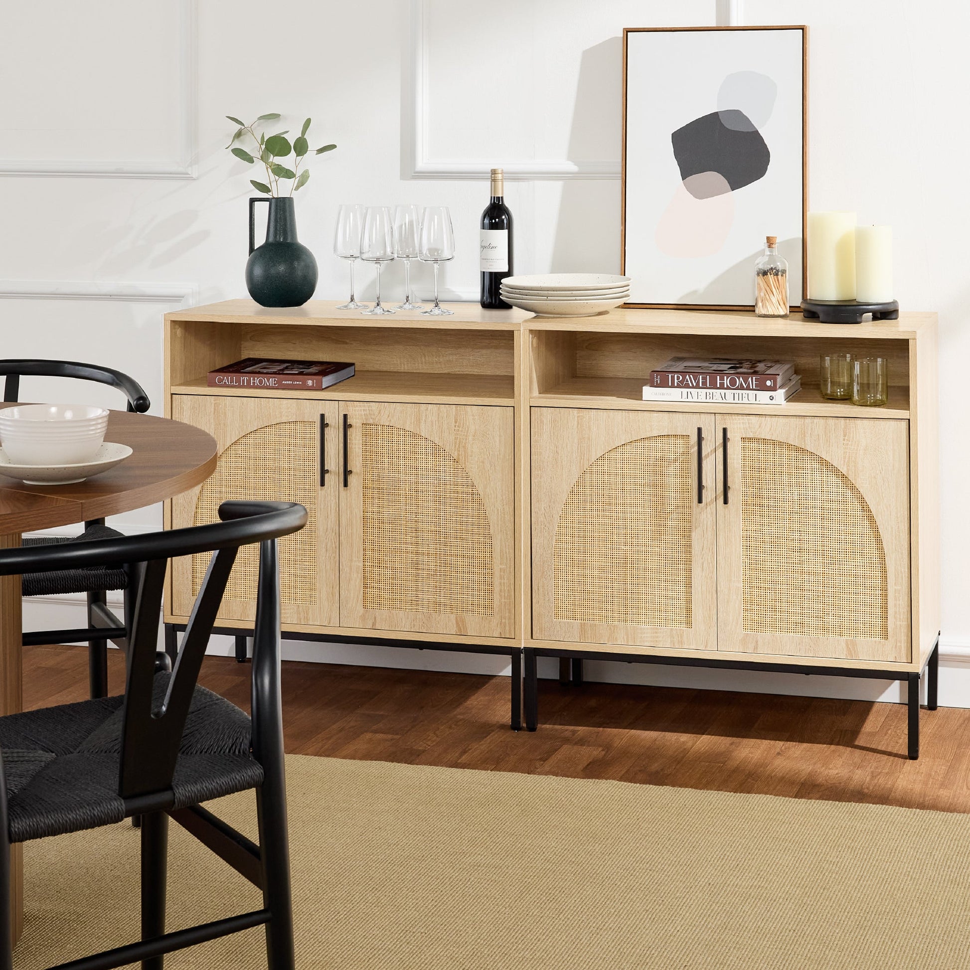 2-Door Rattan Cabinet, Buffet, w/ Cord Cutout & Storage Shelf, Natural