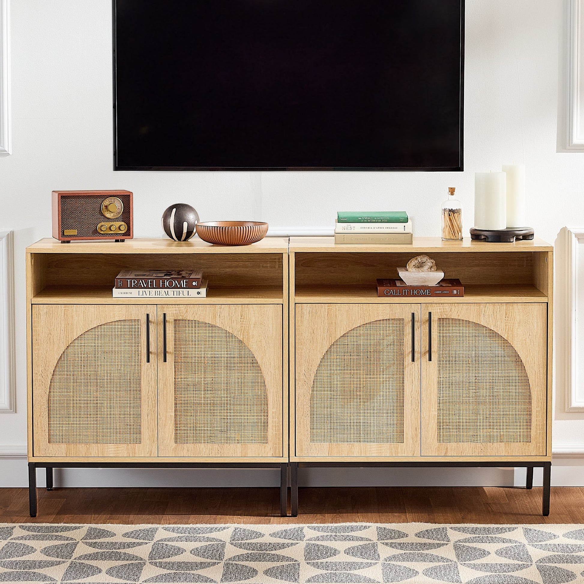 2-Door Rattan Cabinet, Buffet, w/ Cord Cutout & Storage Shelf, Natural