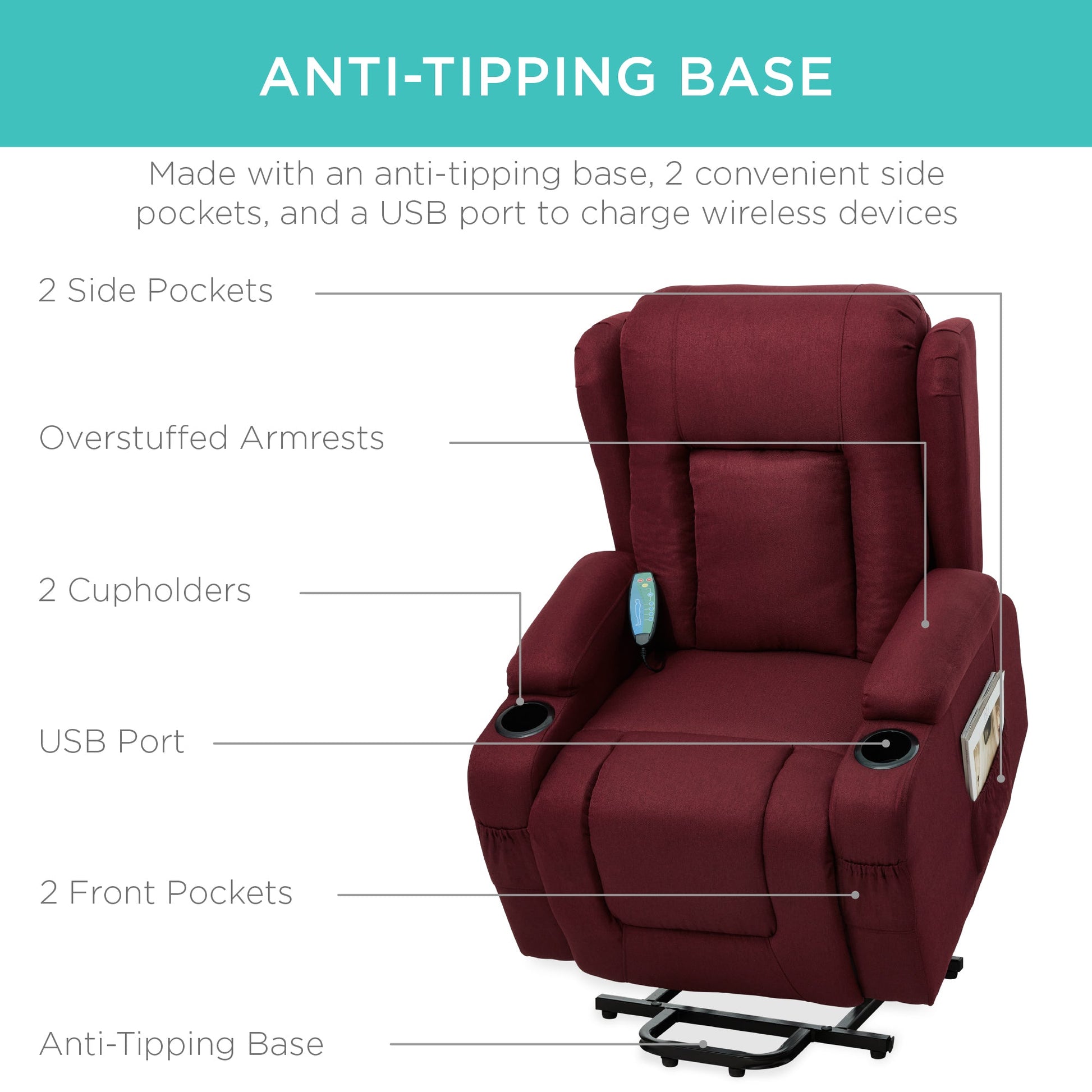 Electric Power Lift Recliner Massage Chair w/ Heat, USB Port, Cupholders