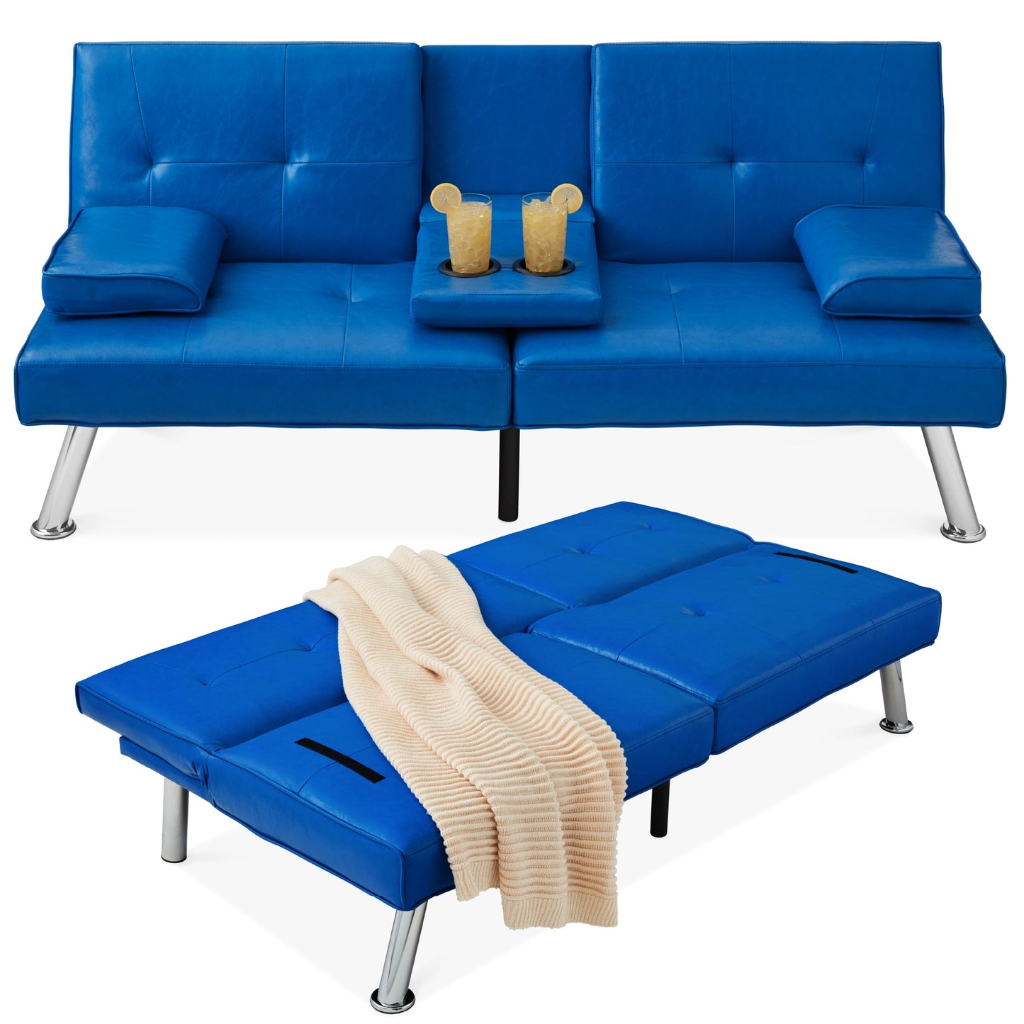 Faux Leather Upholstered Convertible Sofa Bed Futon w/ 2 Cupholders