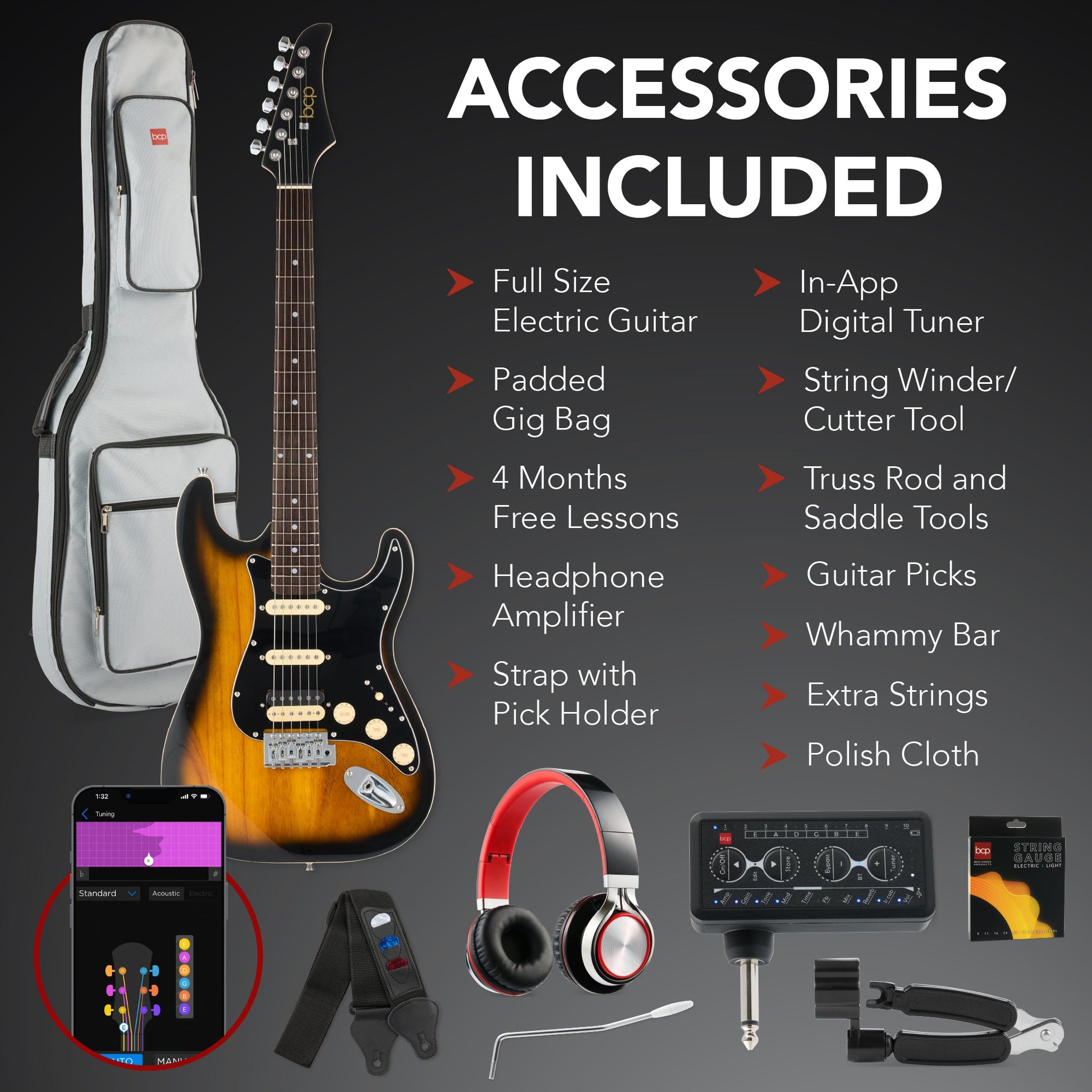 Beginner Electric Guitar Kit w/ Headphone Amp, Padded Gig Bag, Headphones