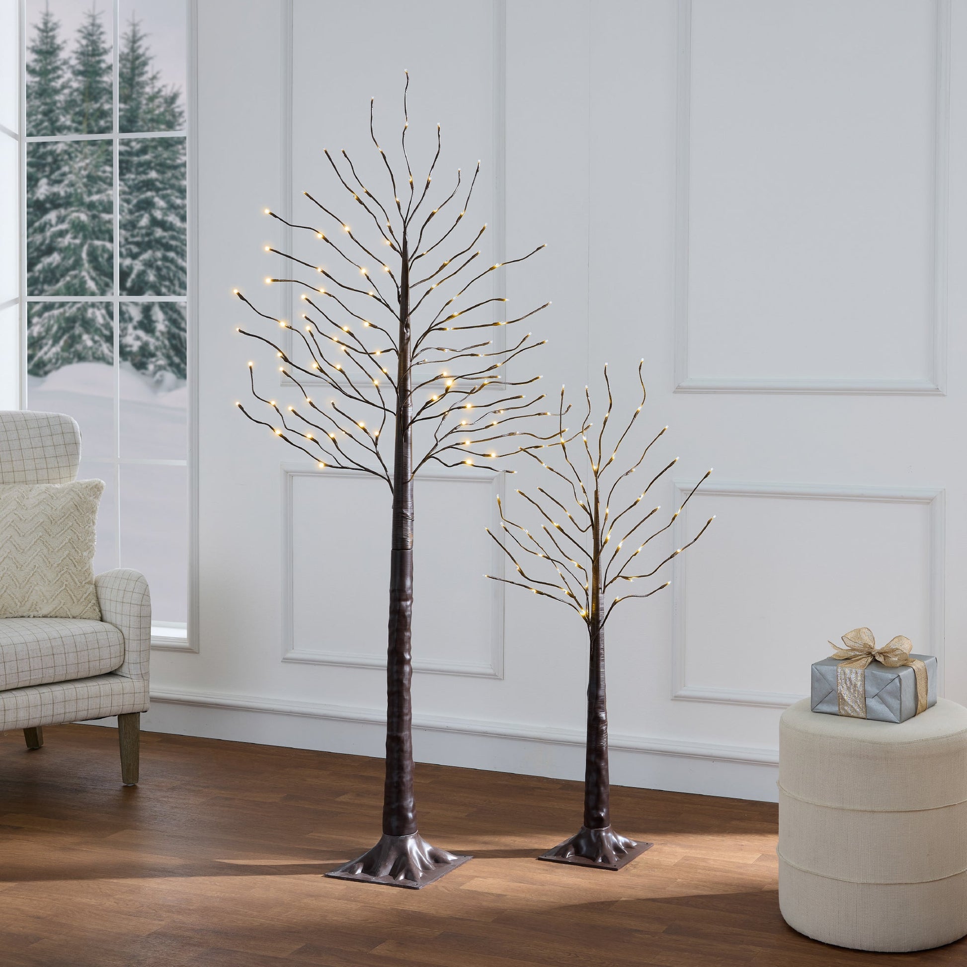 Set of 3 Lighted Twig Birch Trees, 4ft, 6ft, 8ft w/ 300 2-in-1 LEDs