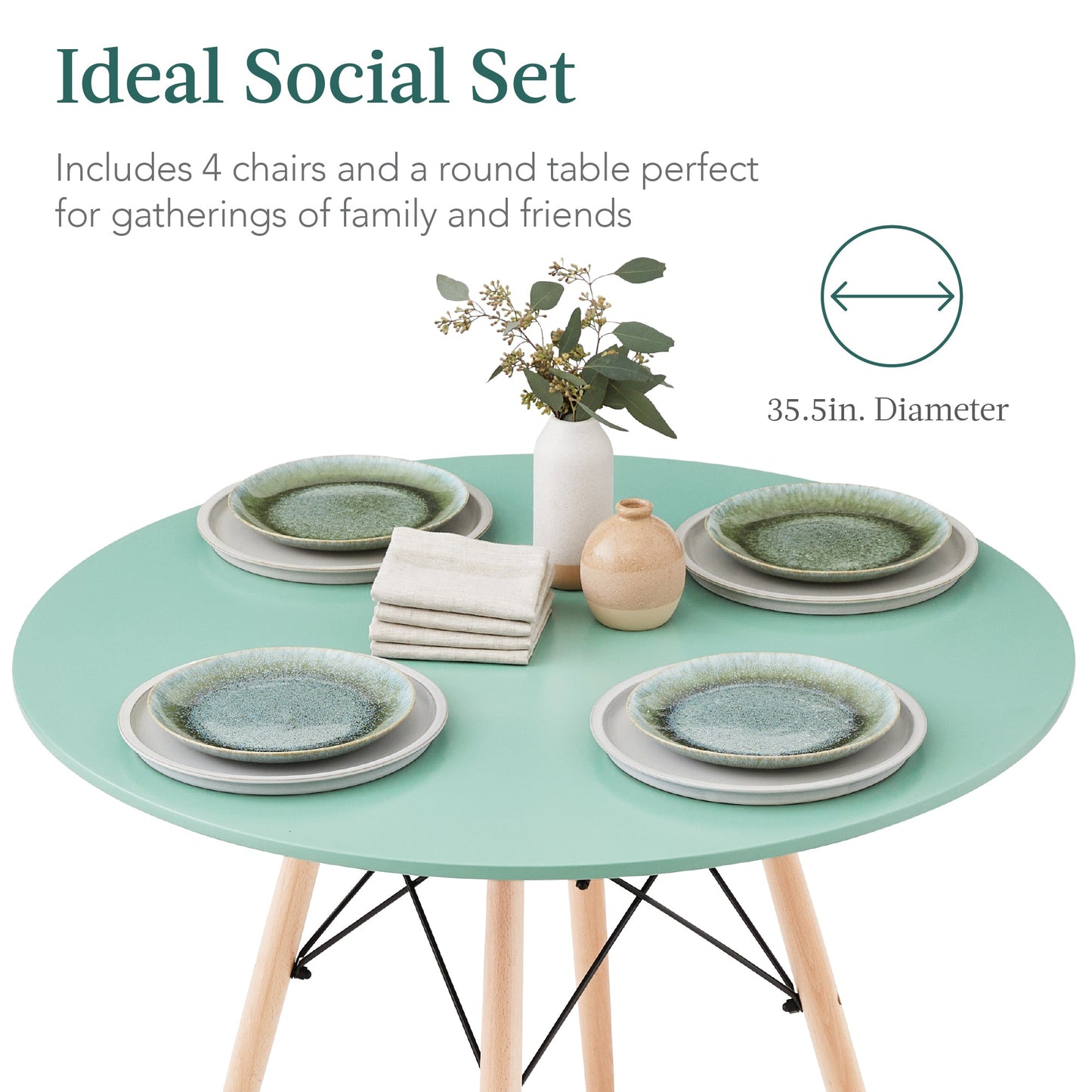 5-Piece Mid-Century Modern Dining Set w/ 4 Chairs, Wooden Legs, Metal Frame