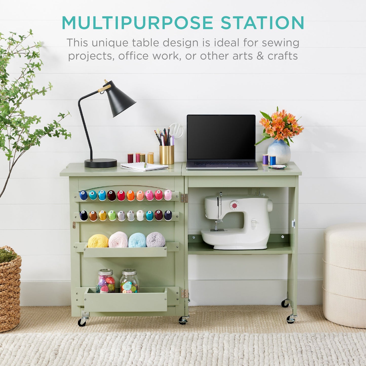 Folding Sewing Table Multipurpose Craft Station & Side Table w/ Wheels