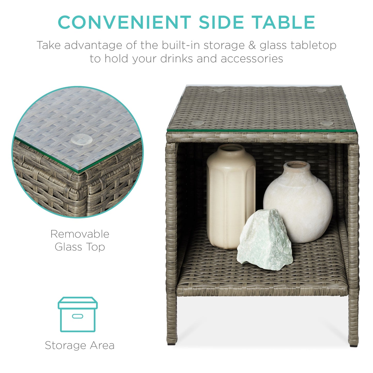 3-Piece Outdoor Patio Wicker Bistro Set w/ Side Storage Table
