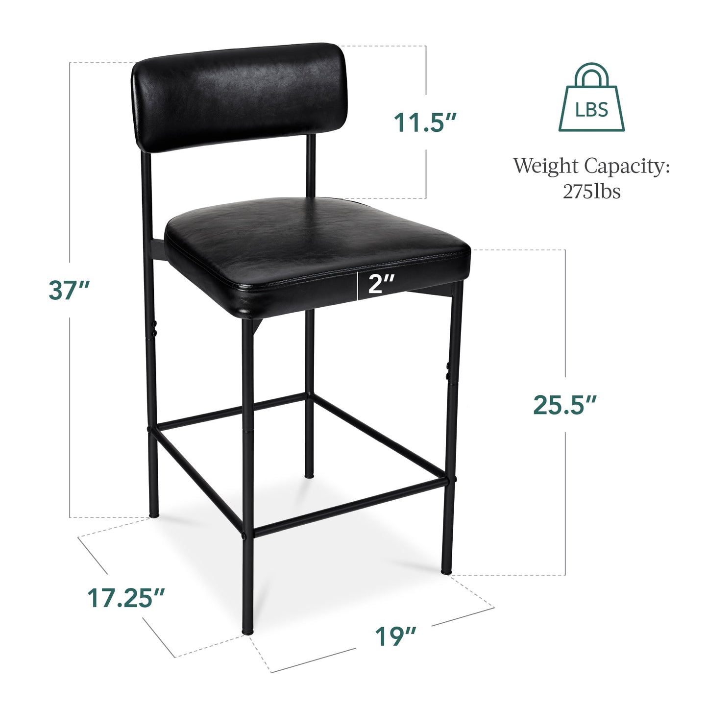 Set of 2 Armless Counter Height Bar Stools, Modern PU Faux Leather Stools