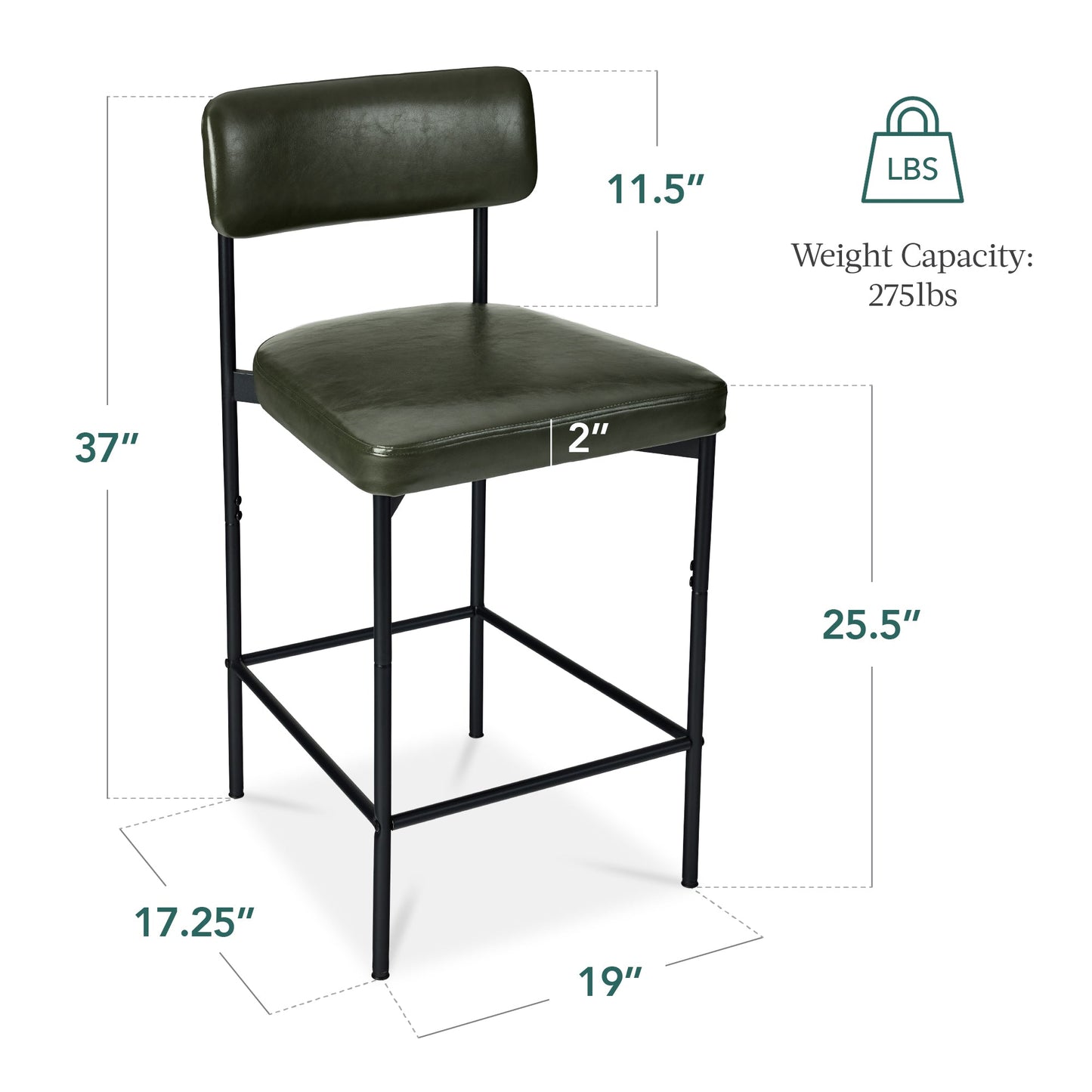 Set of 2 Armless Counter Height Bar Stools, Modern PU Faux Leather Stools
