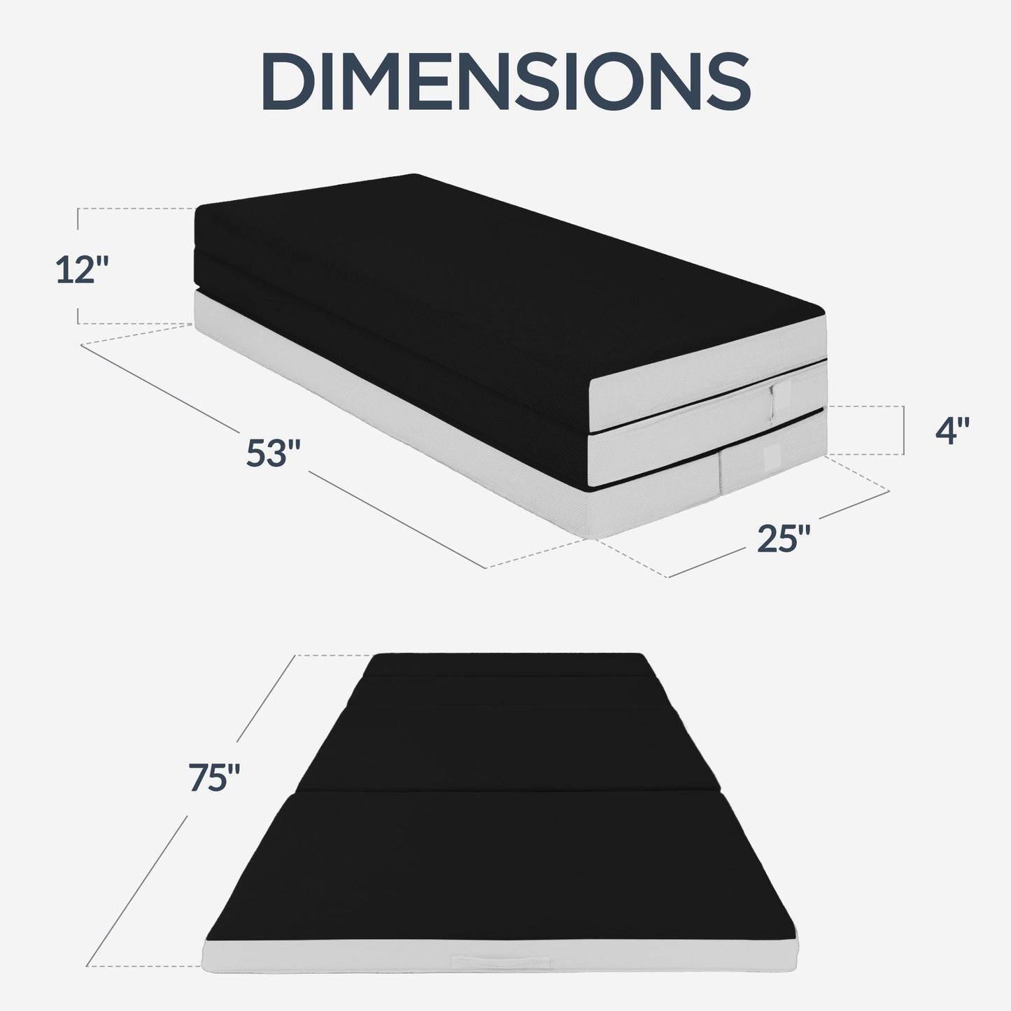 4in Portable Mattress Topper, Tri-Fold Mattress Pad - Onyx Black
