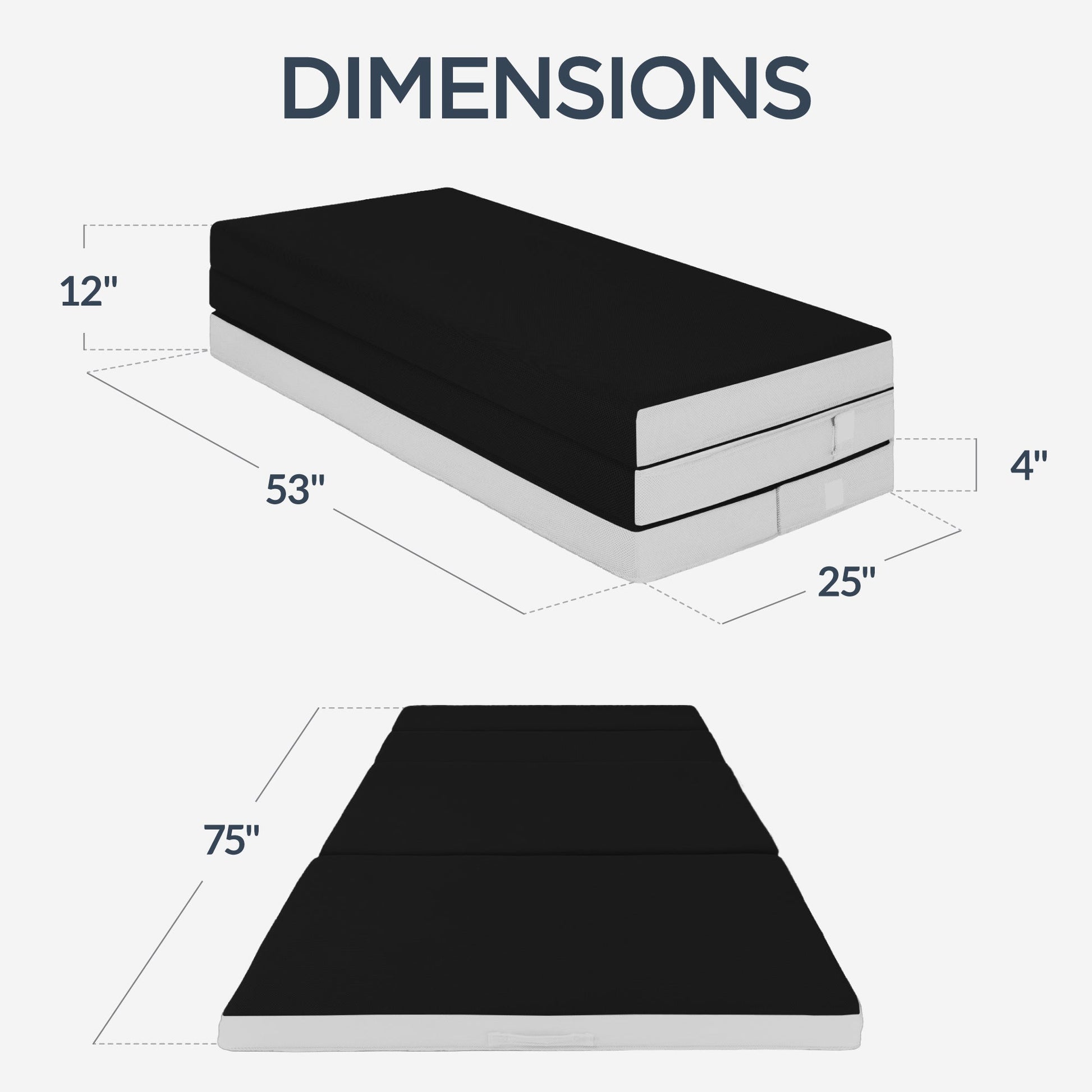 4in Portable Mattress Topper, Tri-Fold Mattress Pad - Onyx Black