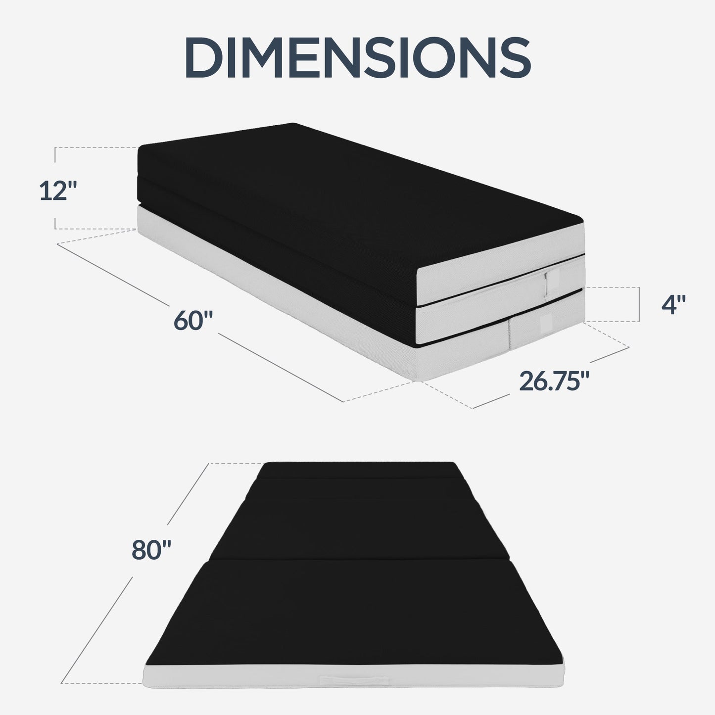 4in Portable Mattress Topper, Tri-Fold Mattress Pad - Onyx Black