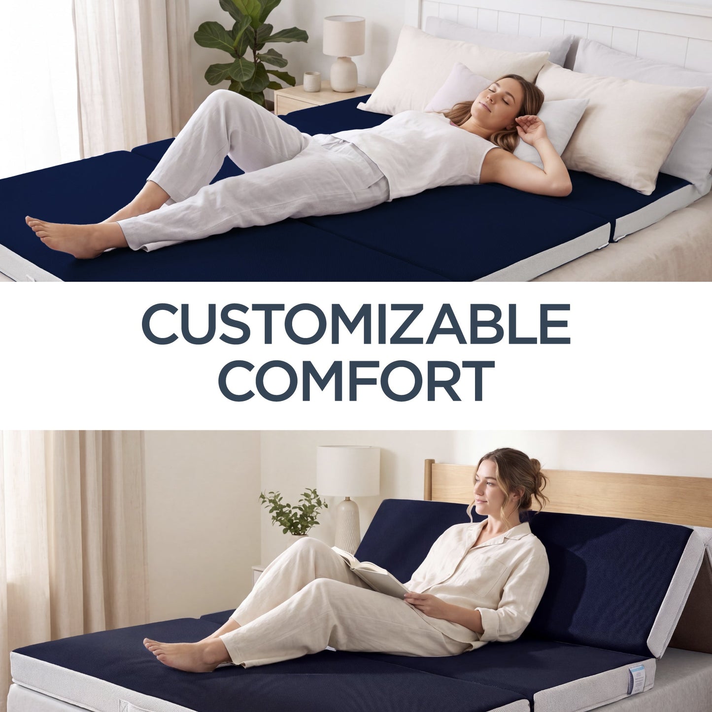 4in Portable Mattress Topper, Tri-Fold Mattress Pad - Midnight Blue