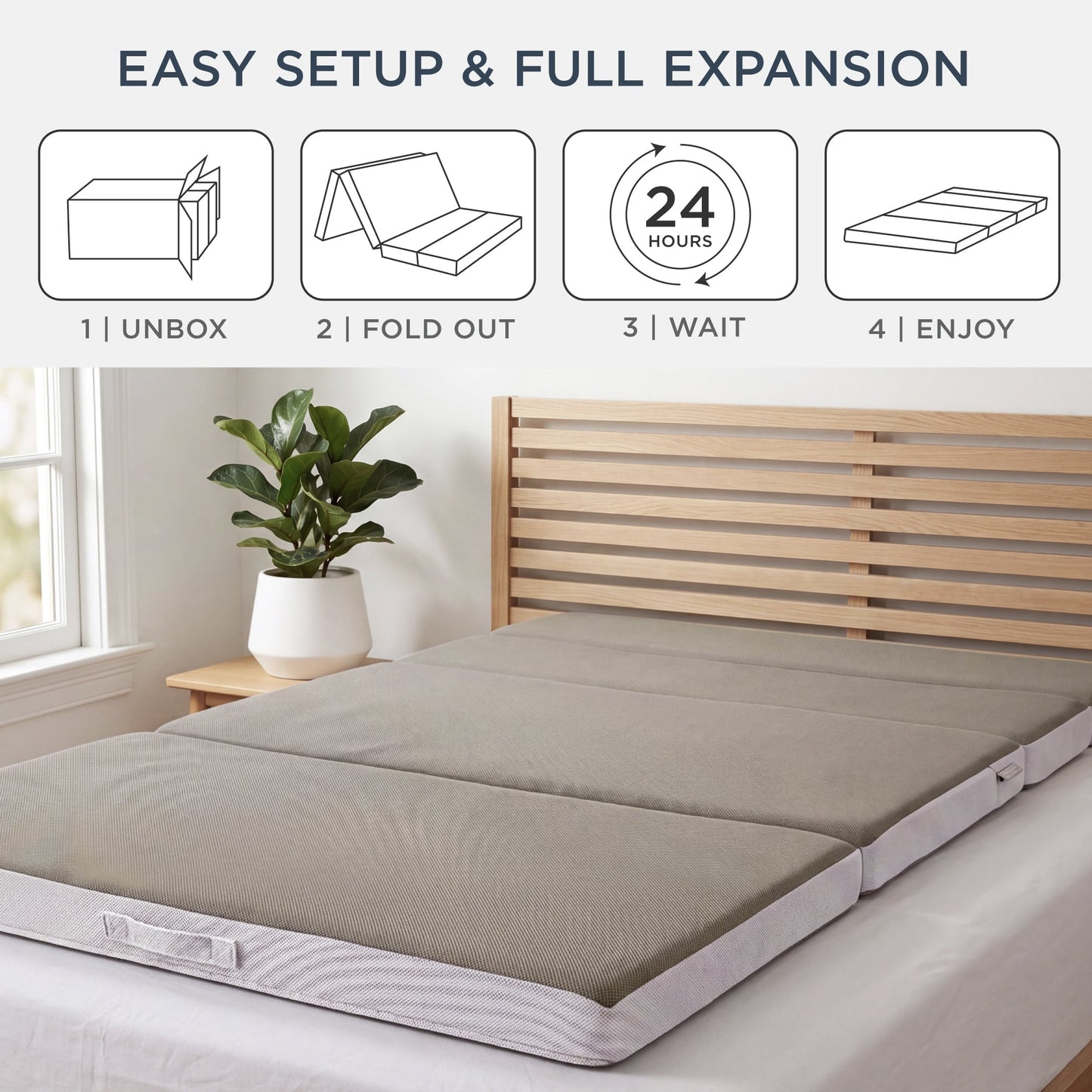 4in Portable Mattress Topper, Tri-Fold Mattress Pad - Taupe