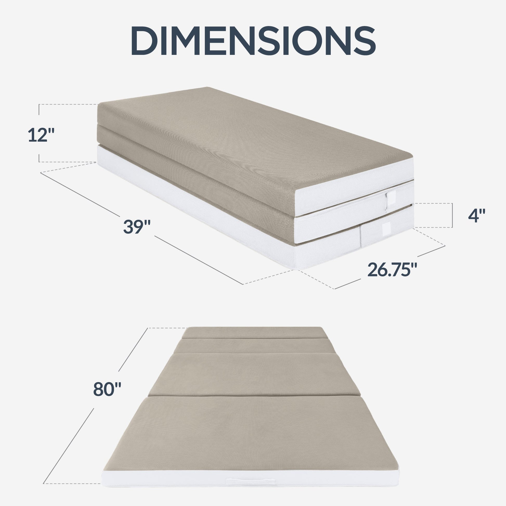 4in Portable Mattress Topper, Tri-Fold Mattress Pad - Taupe
