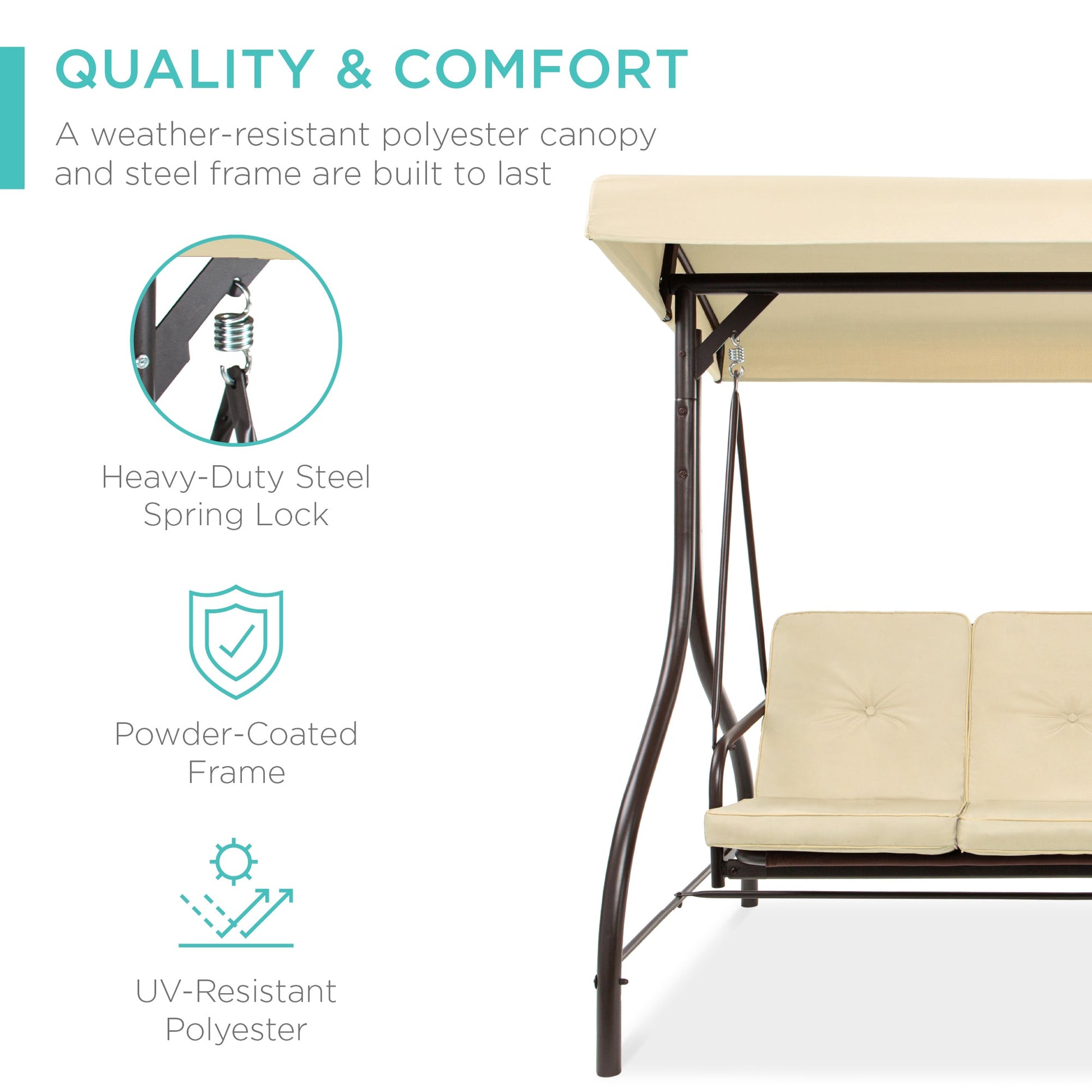 3-Seat Outdoor Canopy Swing Glider Furniture w/ Converting Flatbed Backrest
