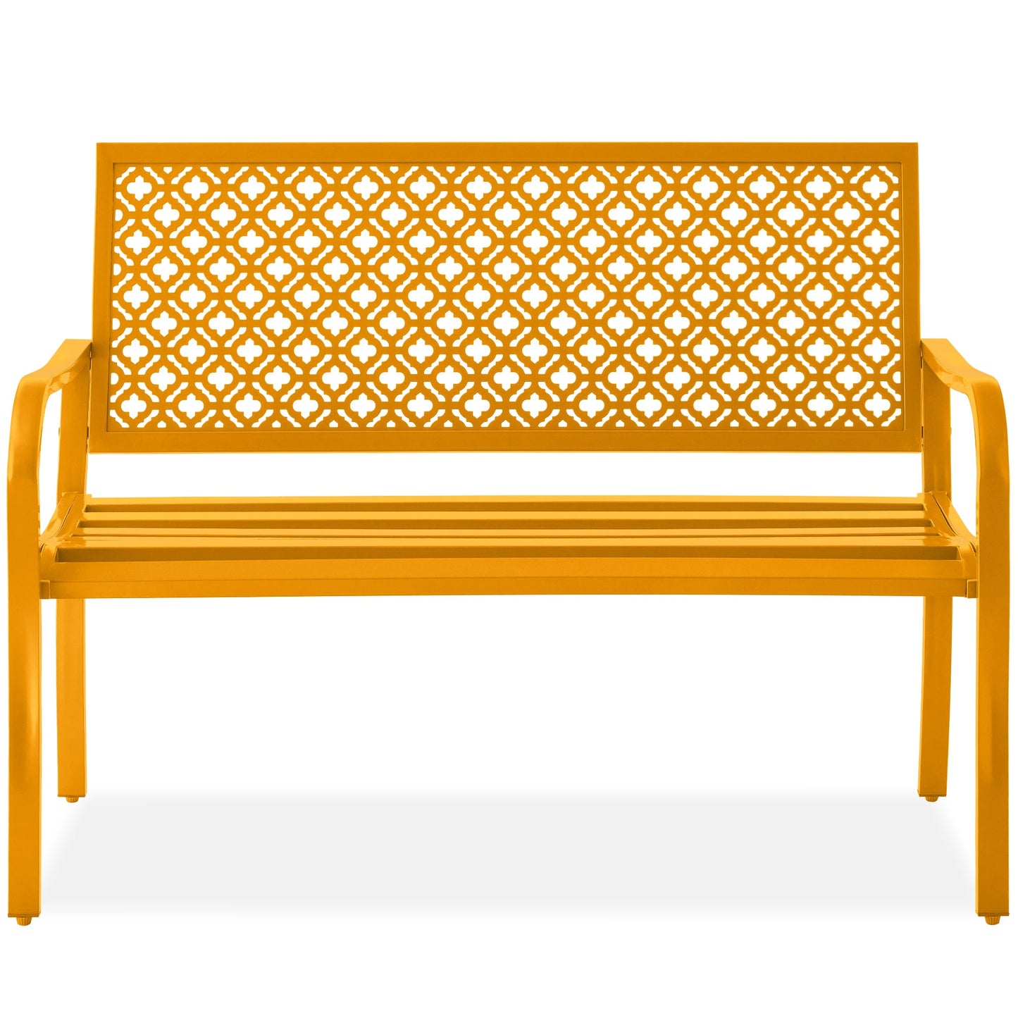 Indoor Outdoor Steel Bench w/ Geometric Backrest, Foot Levelers