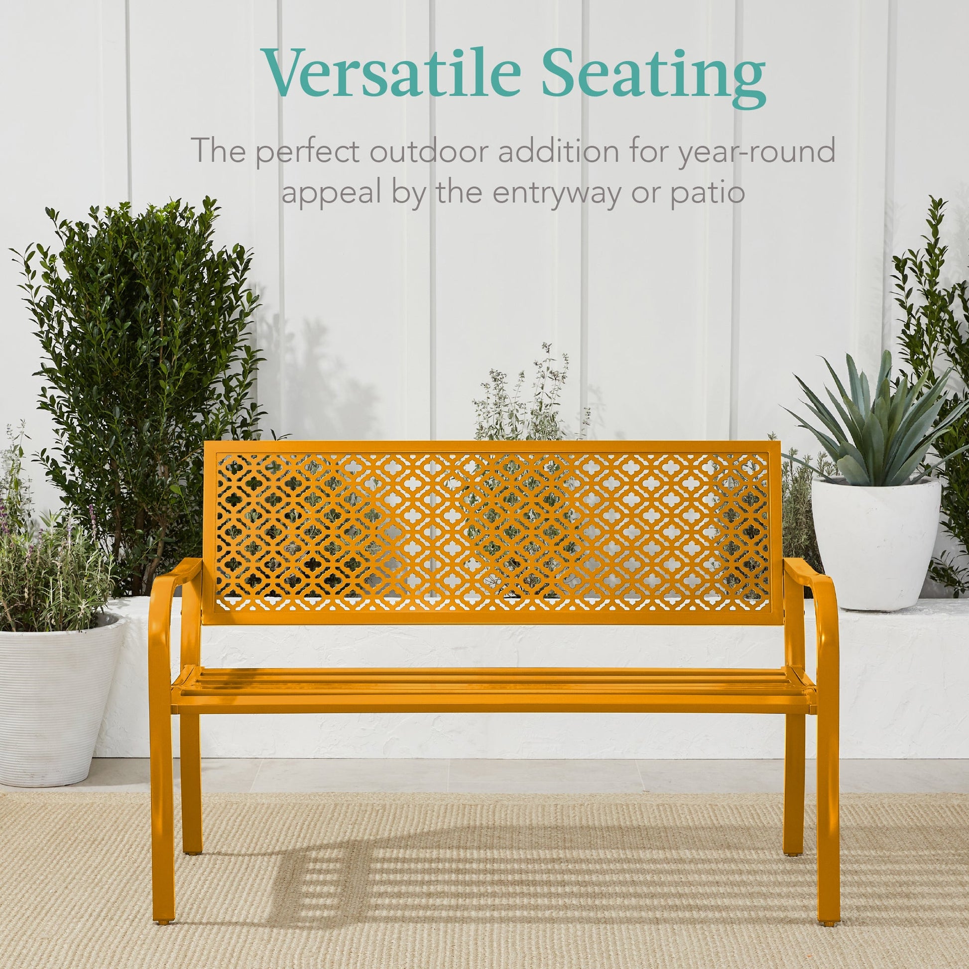 Indoor Outdoor Steel Bench w/ Geometric Backrest, Foot Levelers