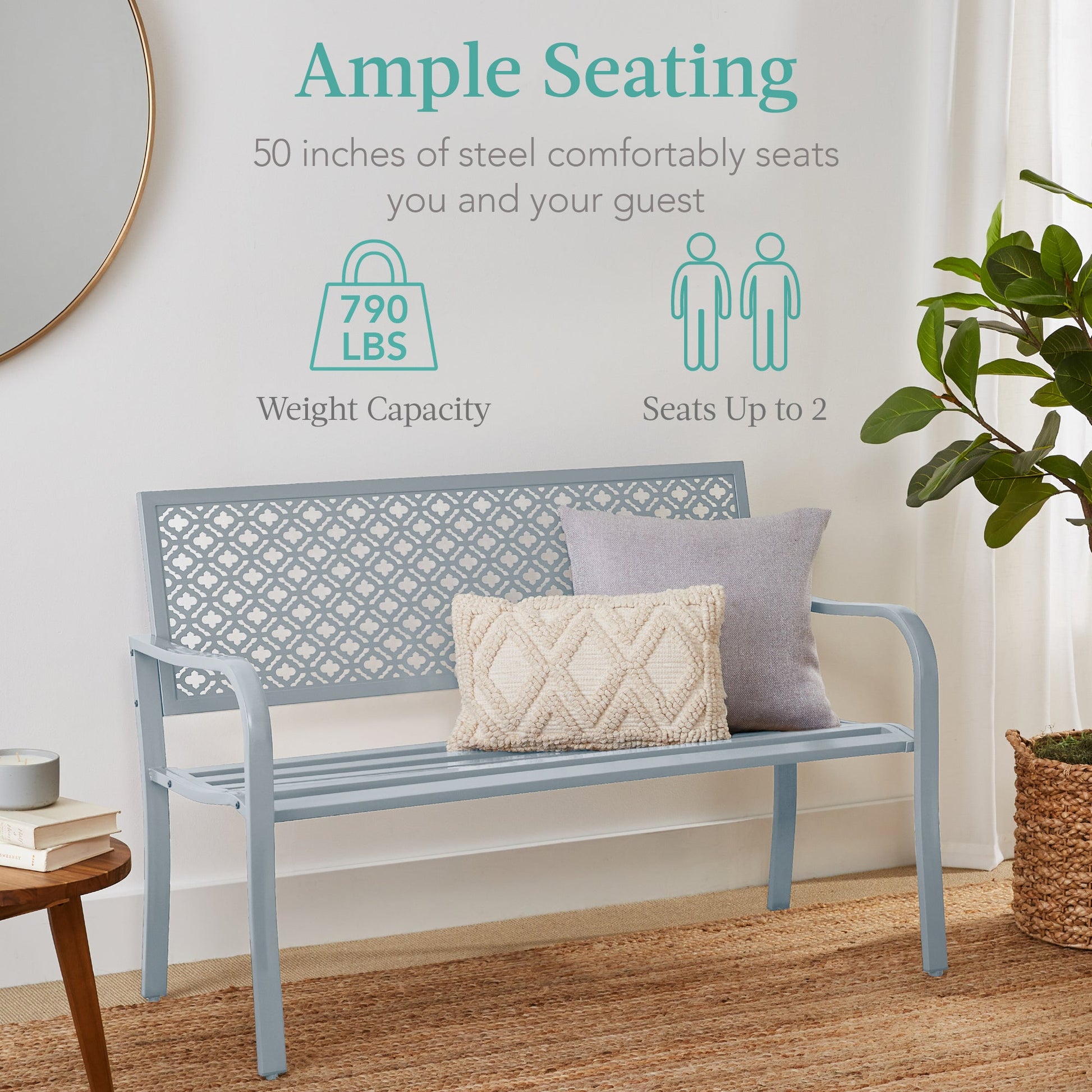 Indoor Outdoor Steel Bench w/ Geometric Backrest, Foot Levelers
