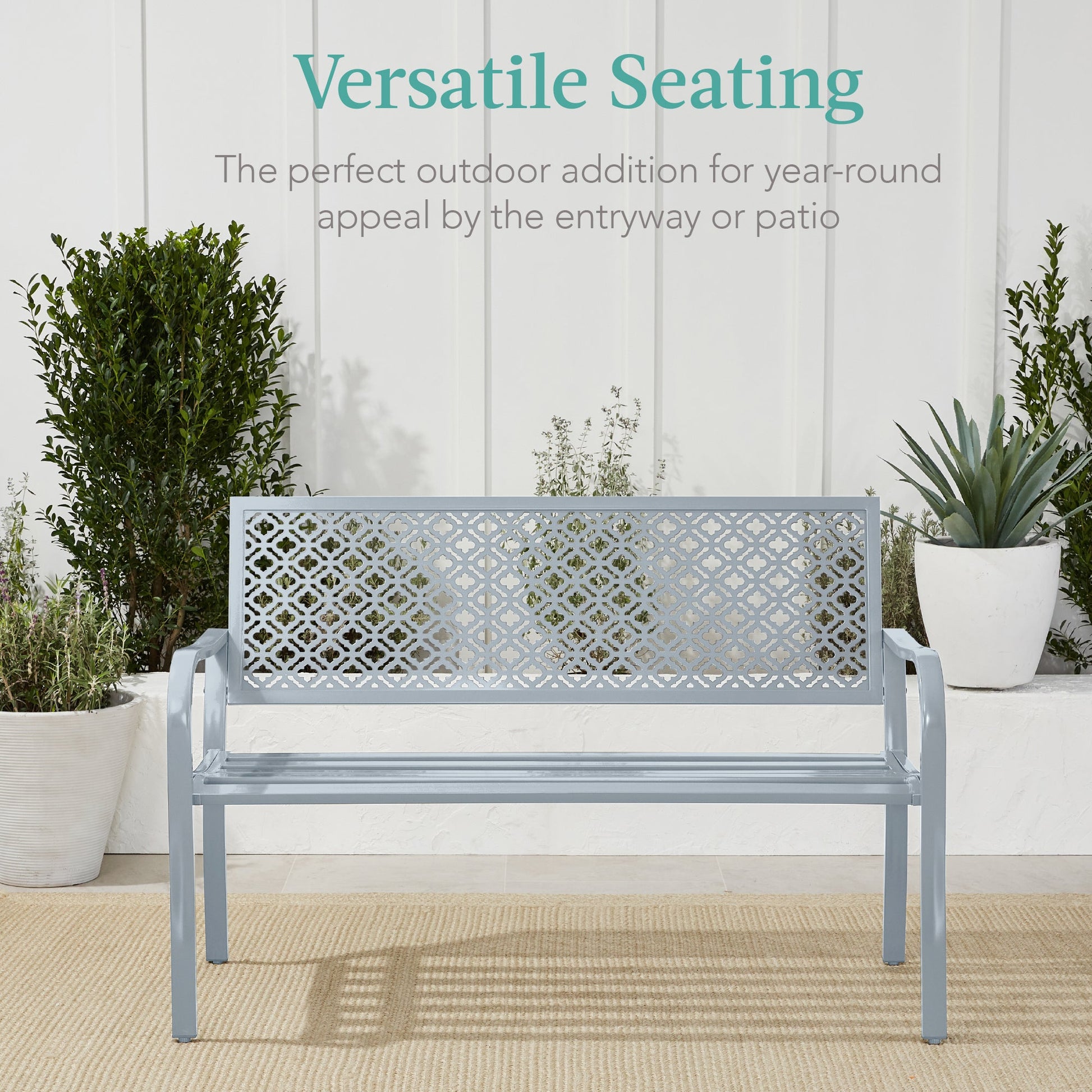 Indoor Outdoor Steel Bench w/ Geometric Backrest, Foot Levelers