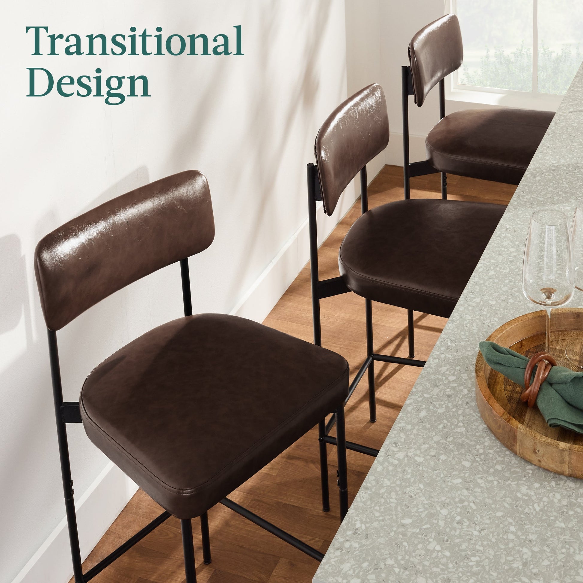 Set of 3 Armless Counter Height Bar Stools, Modern PU Faux Leather Stools