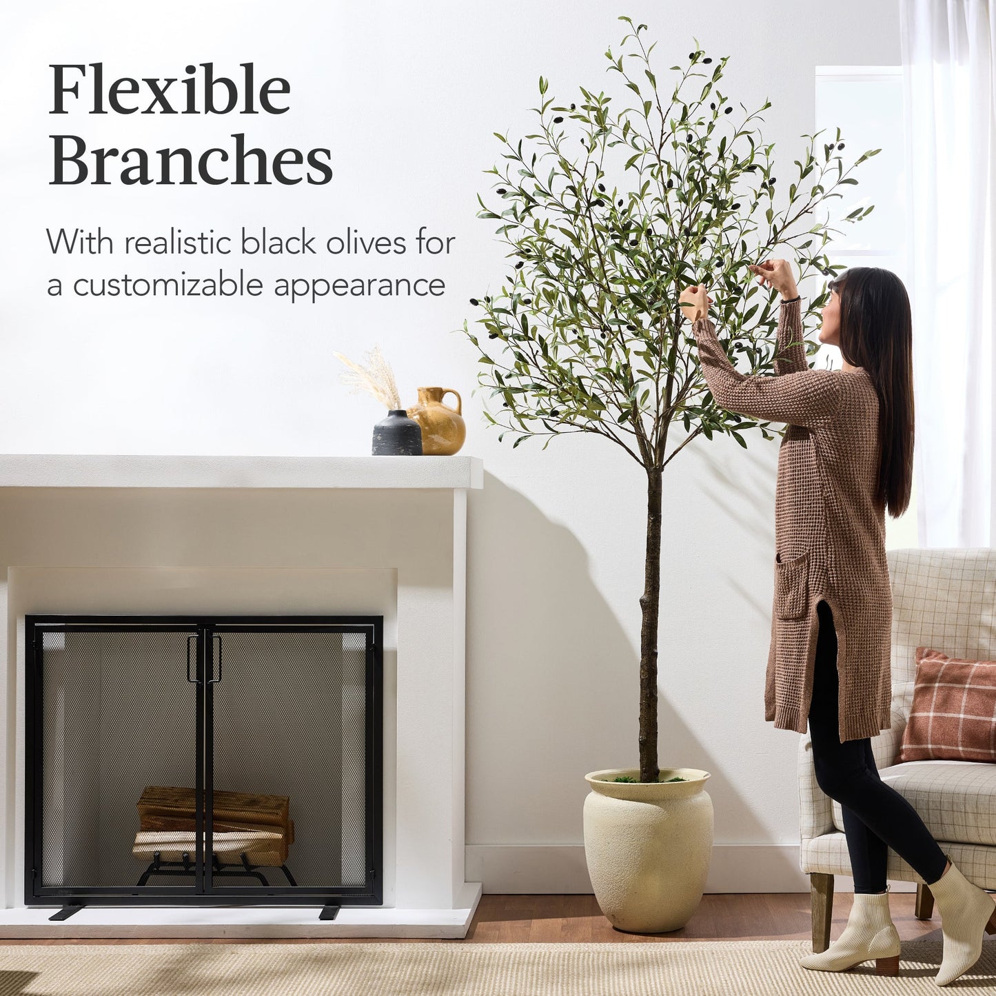 Artificial Olive Tree, Lifelike Faux Tree w/ White Pot, Decorative Olives