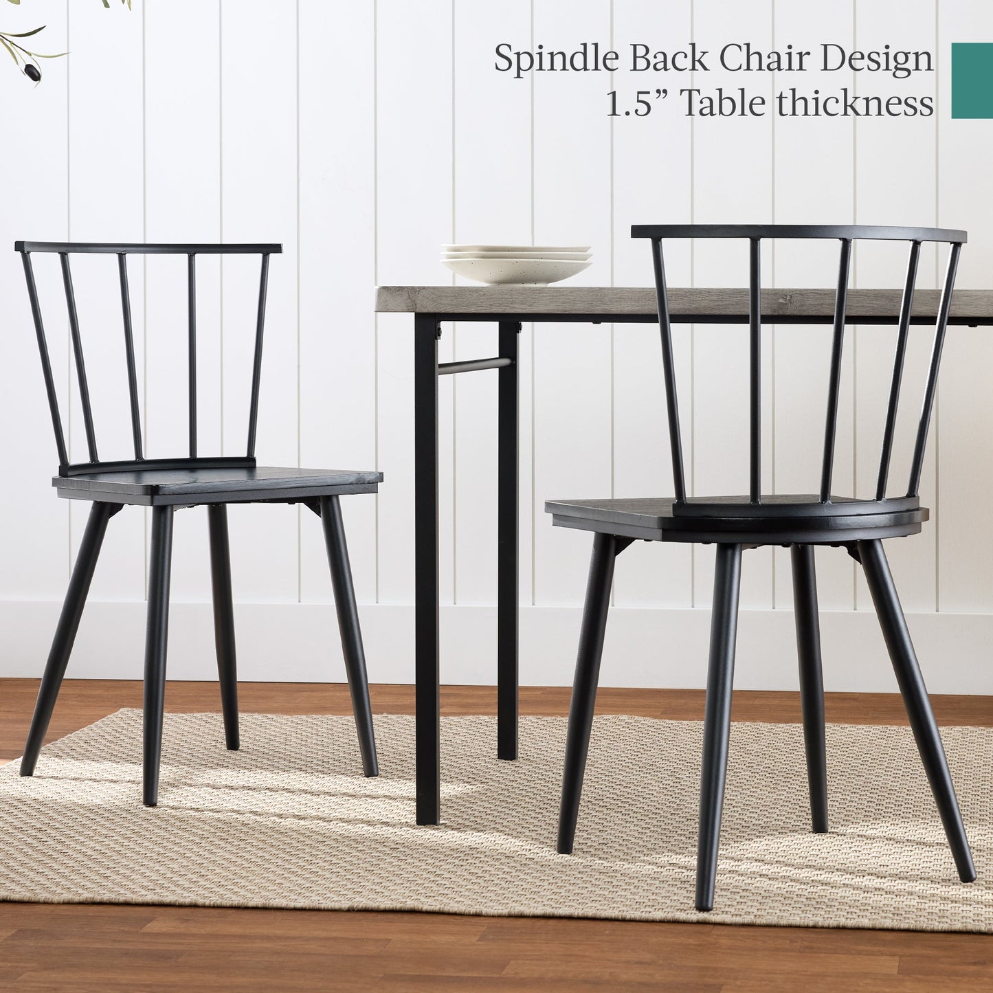 4-Piece Farmhouse Dining Table Set w/ 2 Black Spindle Chairs, Bench, Table